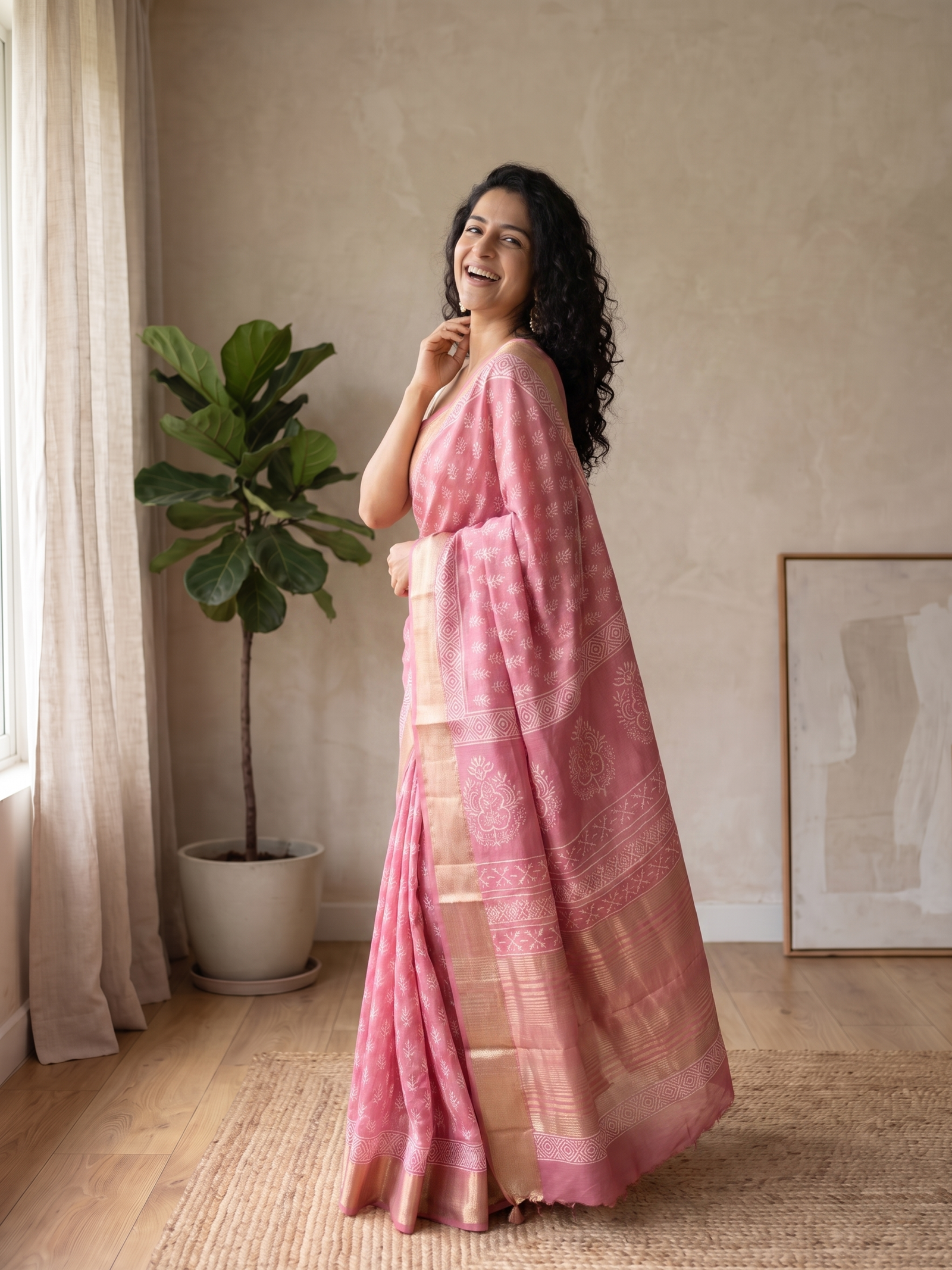 Misty Rose Maheshwari Cotton Silk Saree