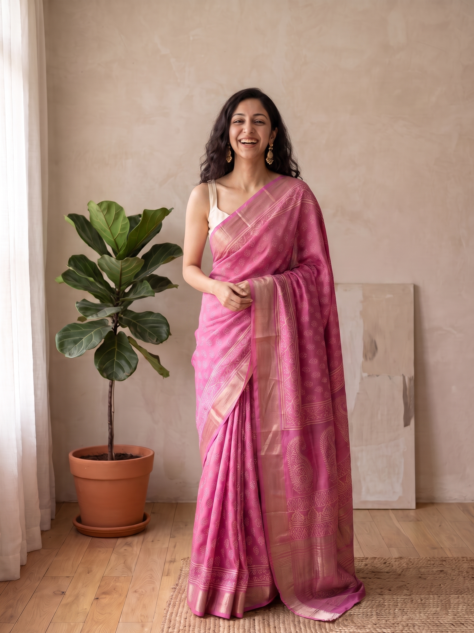 Watermelon Pink Maheshwari Cotton Silk Saree