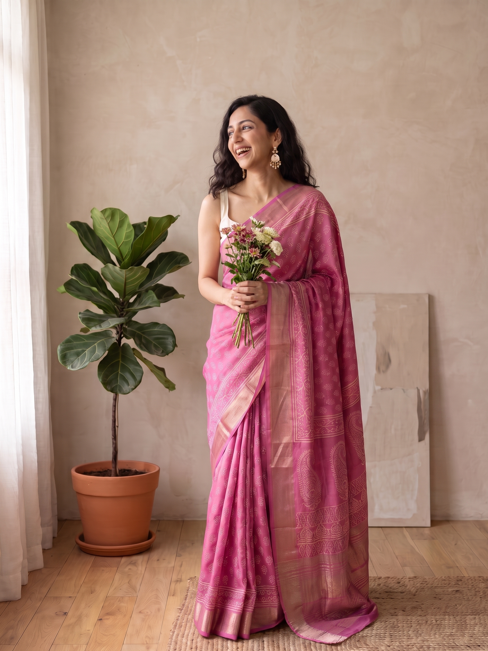 Watermelon Pink Maheshwari Cotton Silk Saree