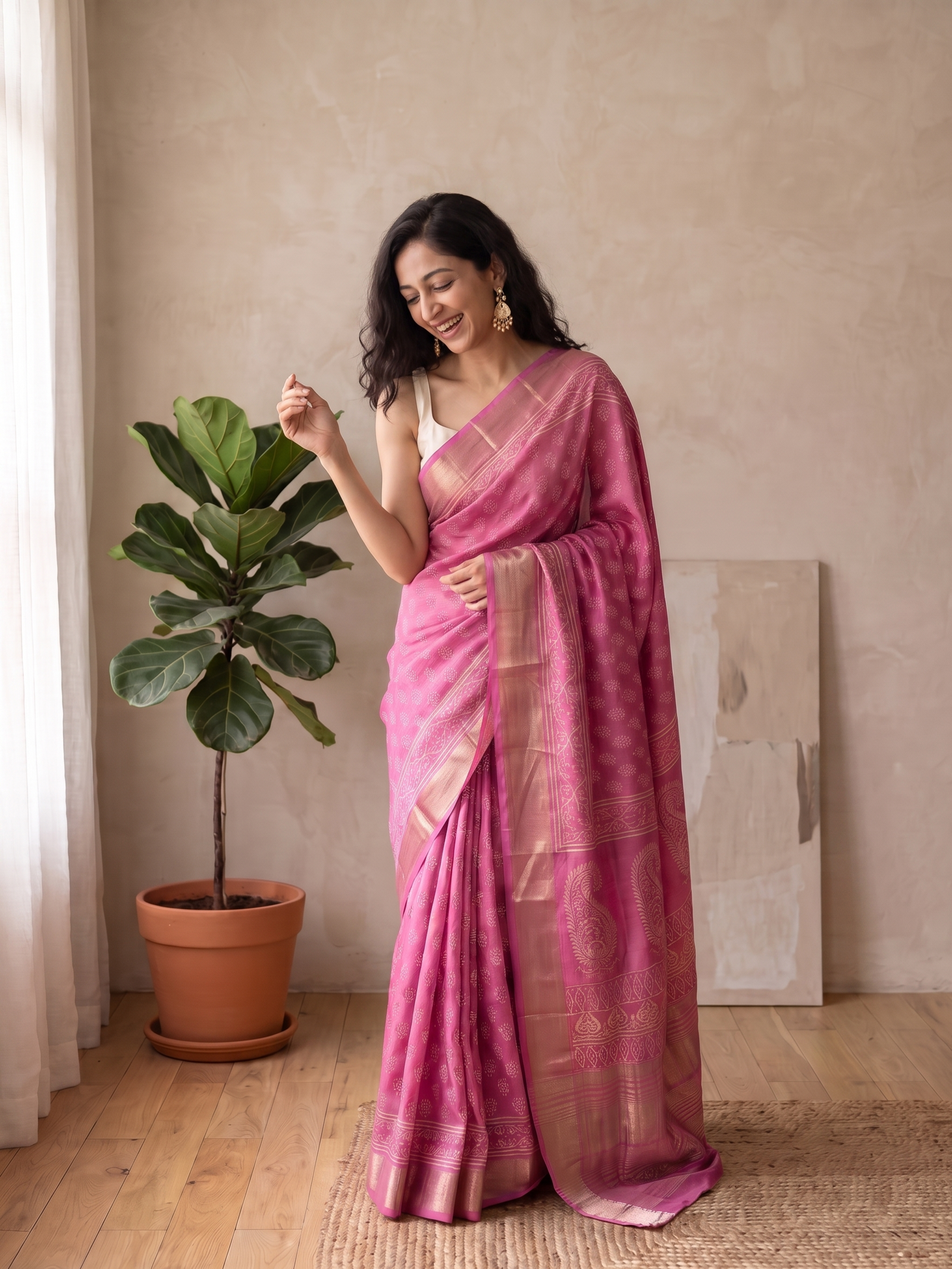 Watermelon Pink Maheshwari Cotton Silk Saree