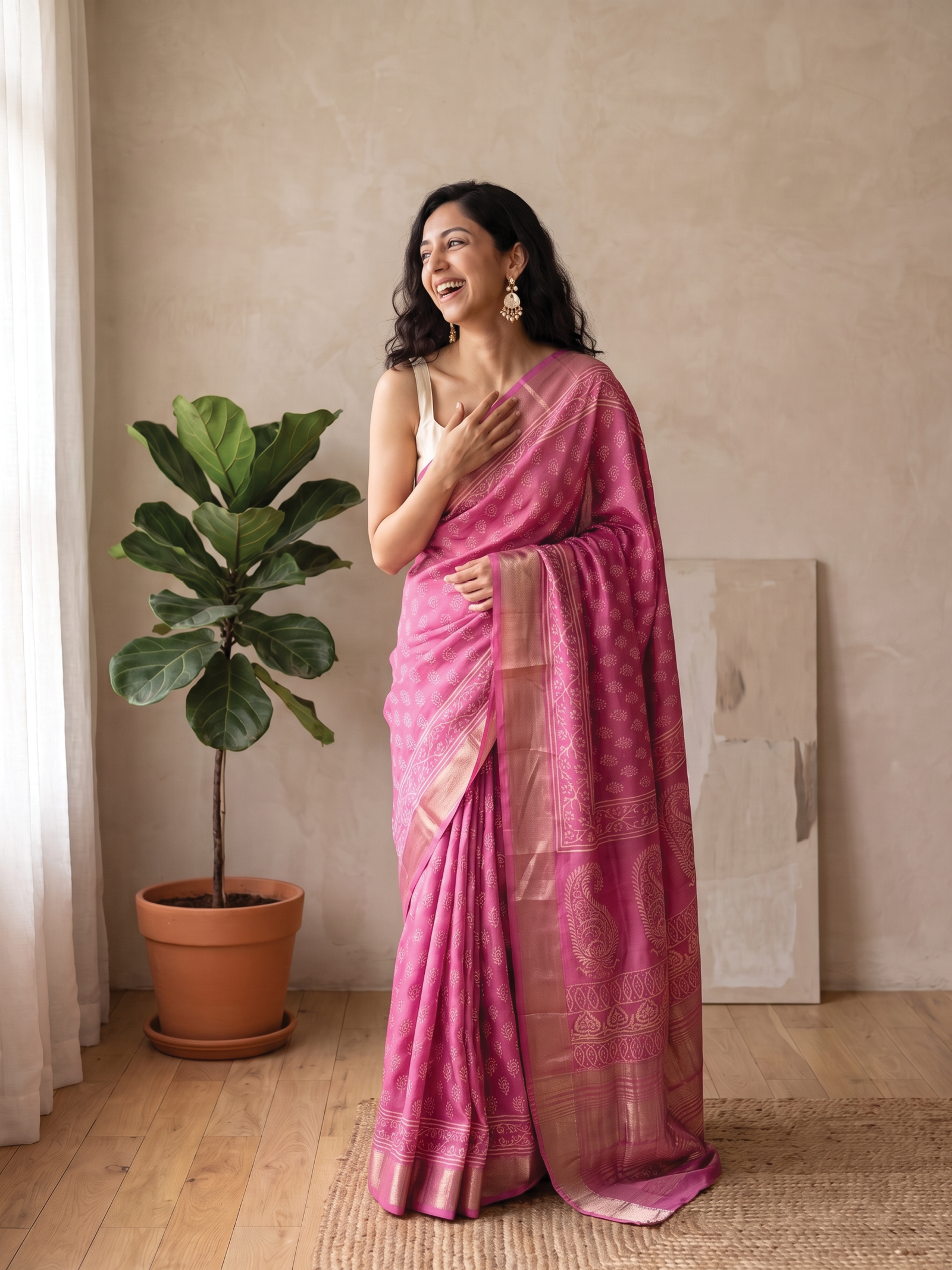 Watermelon Pink Maheshwari Cotton Silk Saree
