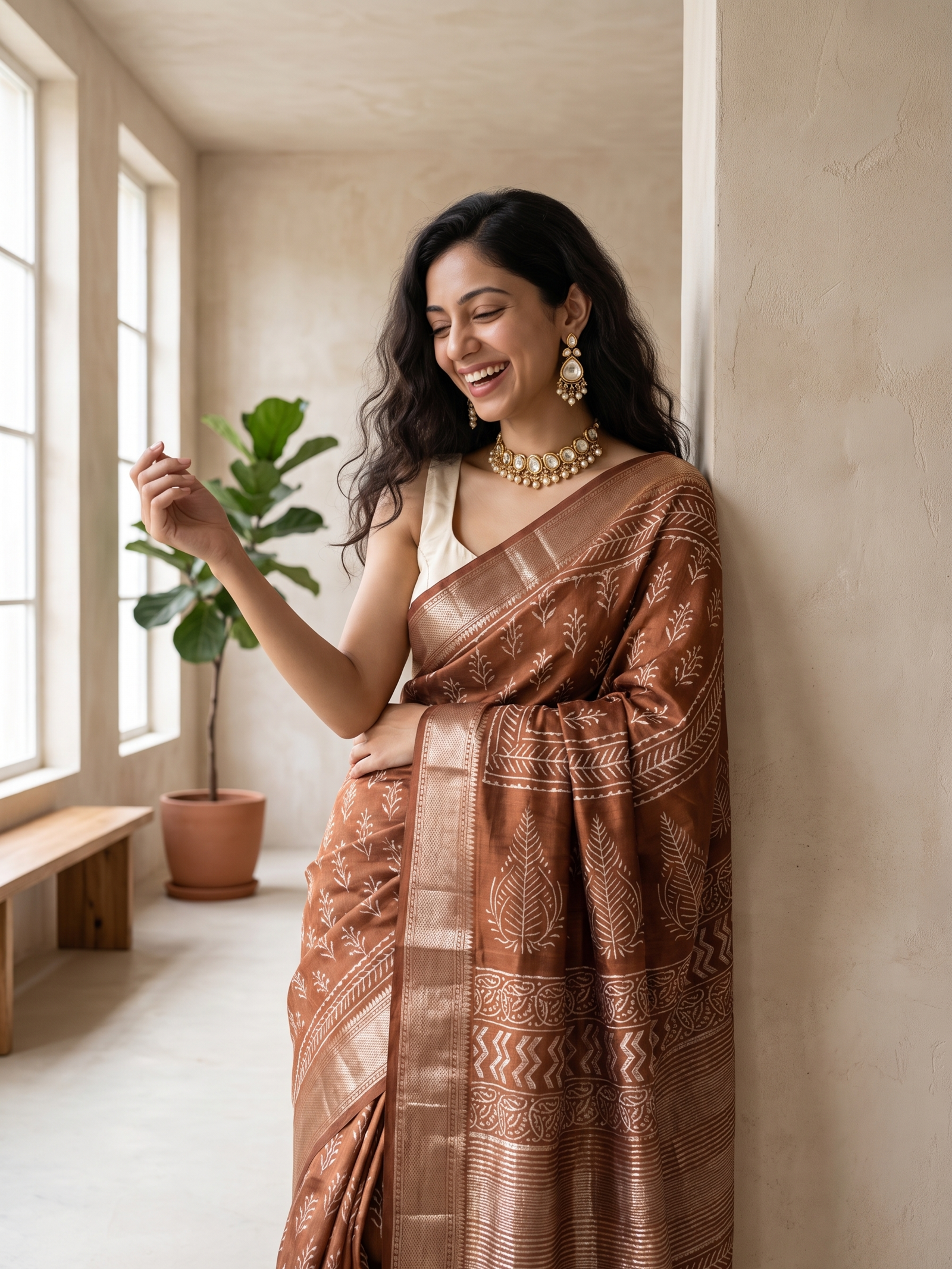 Hazelnut Maheshwari Cotton Silk Saree