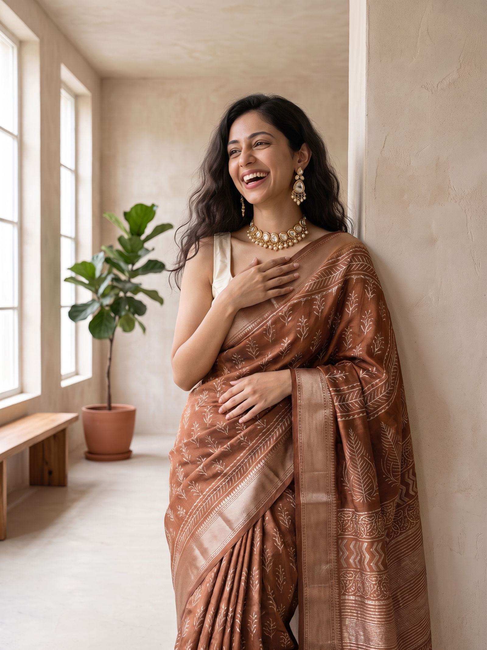 Hazelnut Maheshwari Cotton Silk Saree