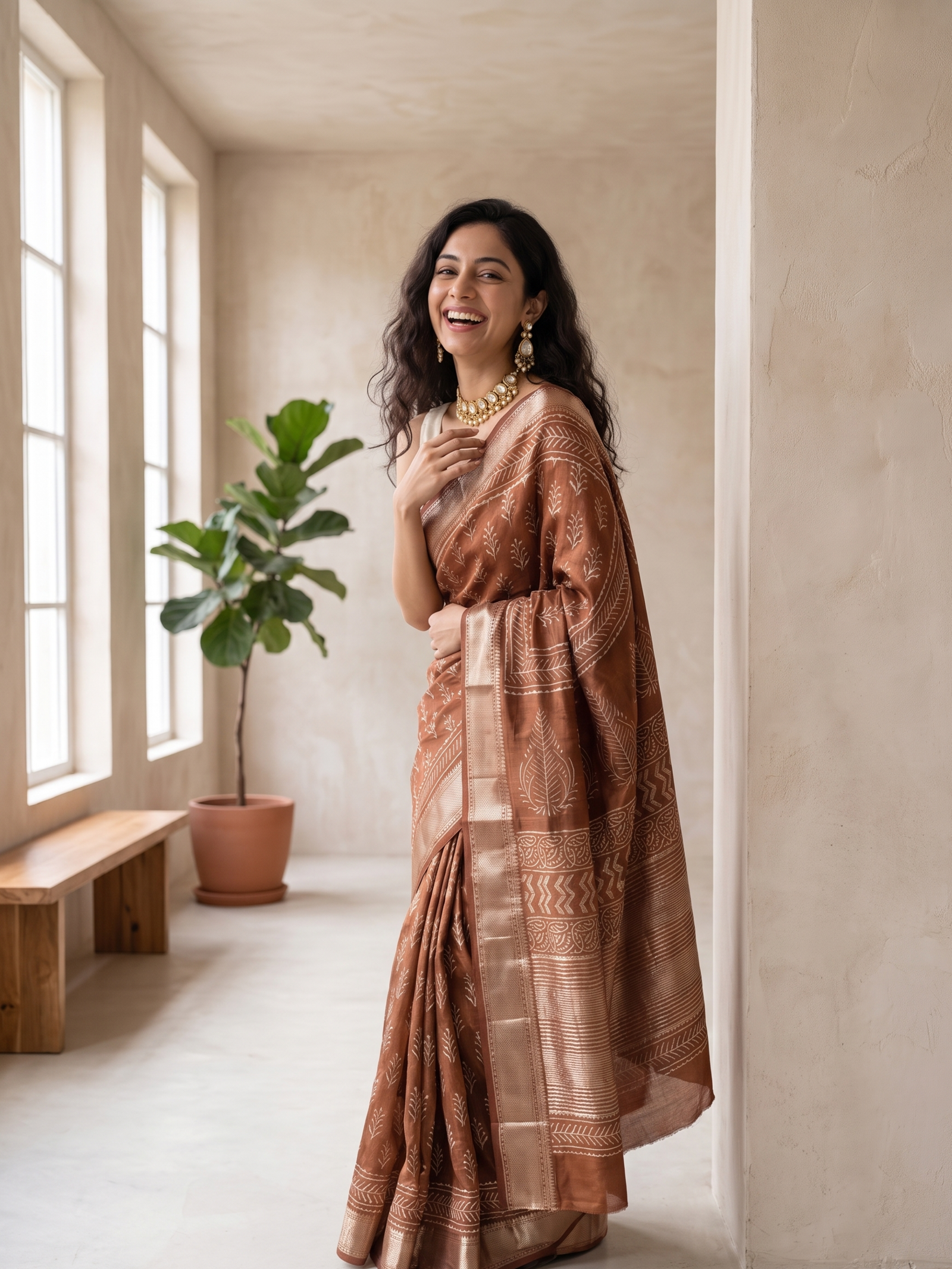 Hazelnut Maheshwari Cotton Silk Saree