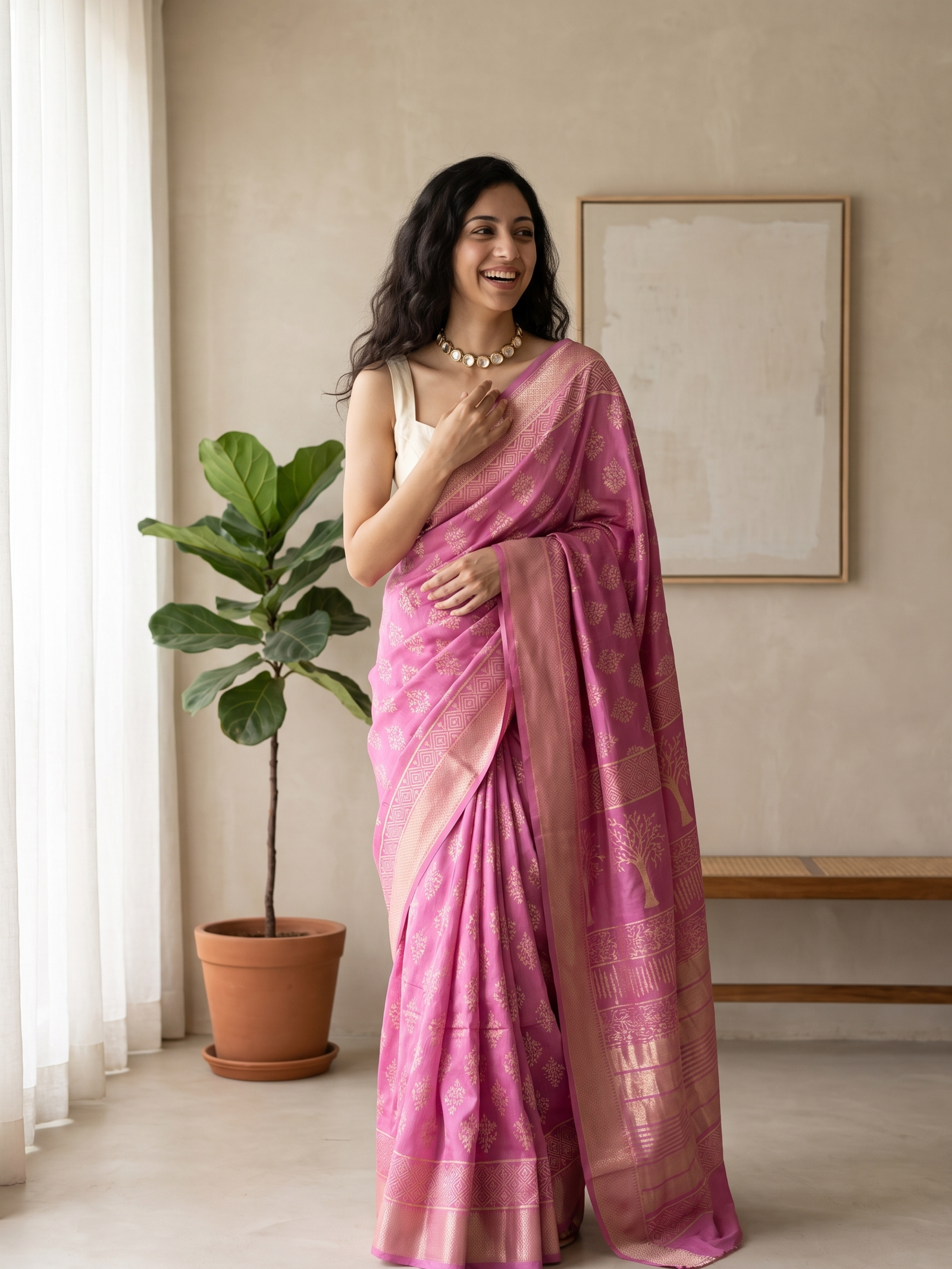 Lotus Pink Maheshwari Cotton Silk Saree