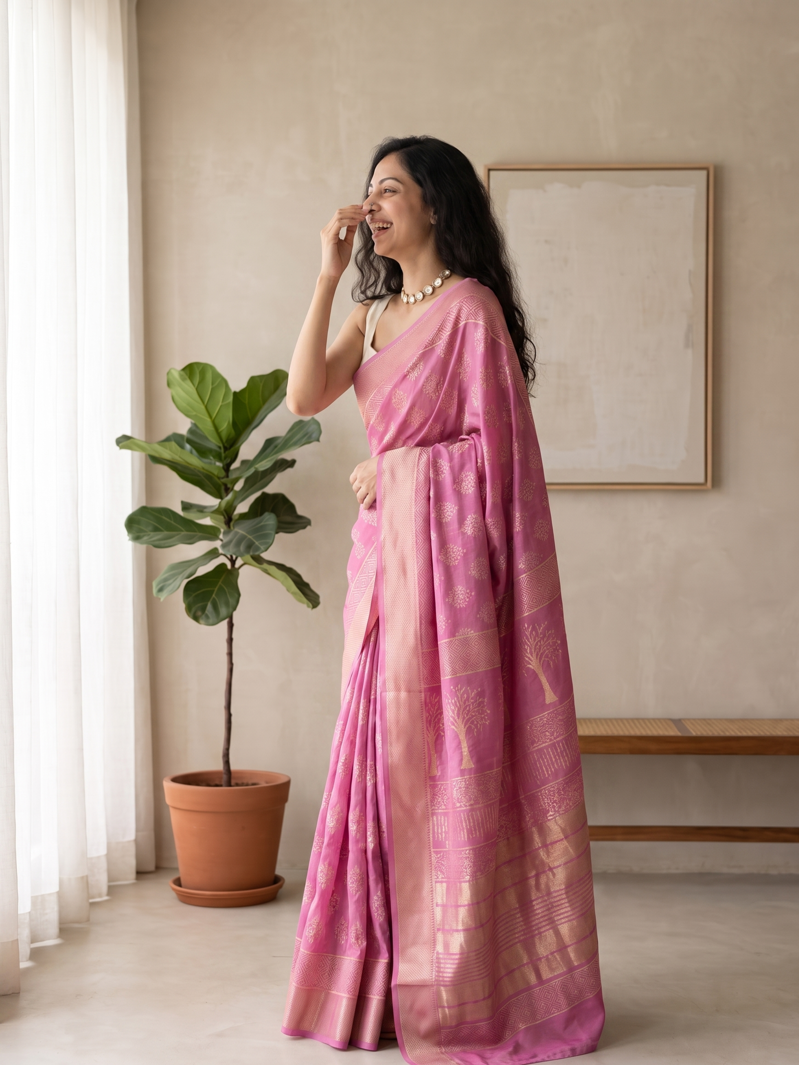 Lotus Pink Maheshwari Cotton Silk Saree