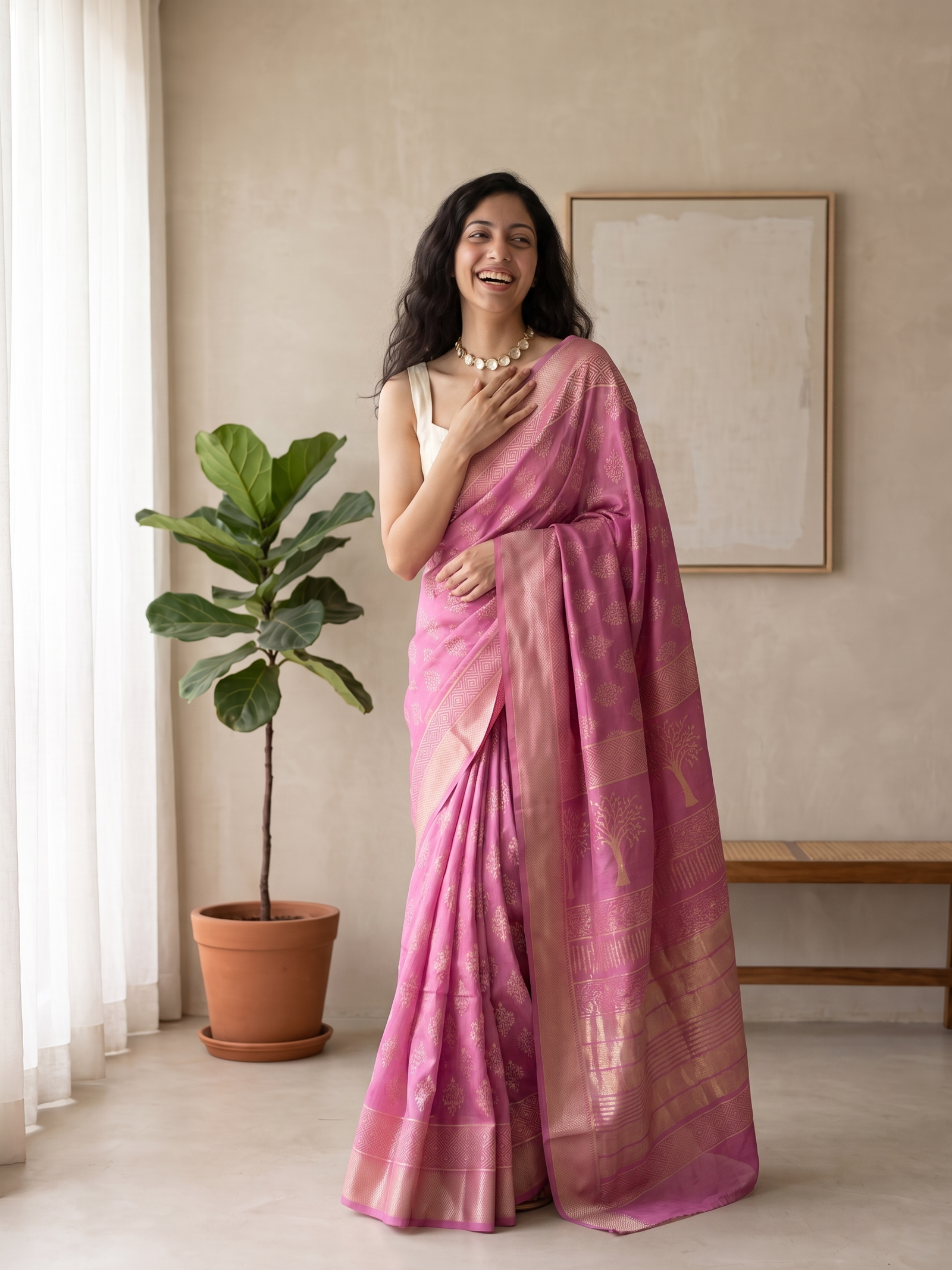 Lotus Pink Maheshwari Cotton Silk Saree