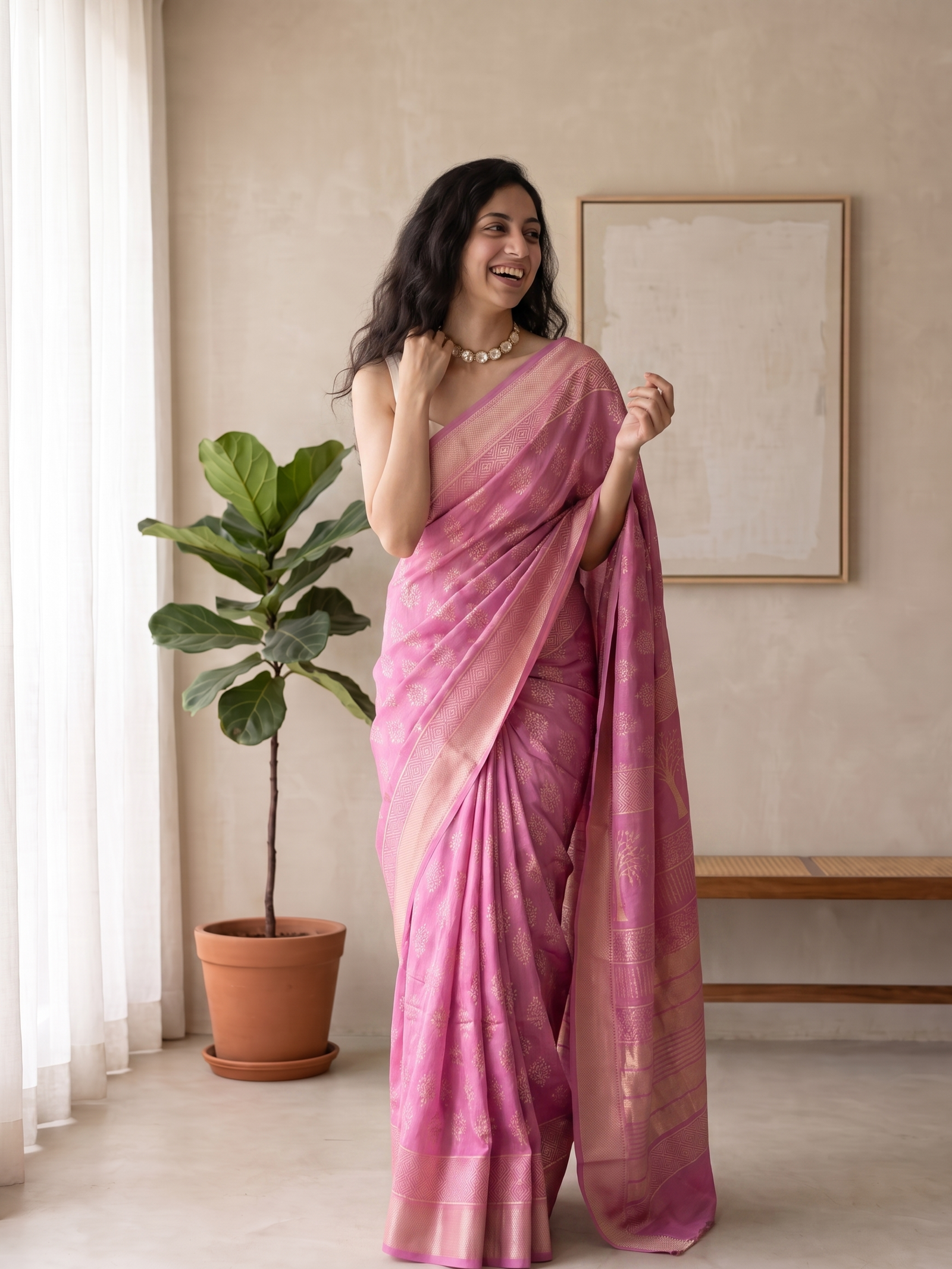 Lotus Pink Maheshwari Cotton Silk Saree