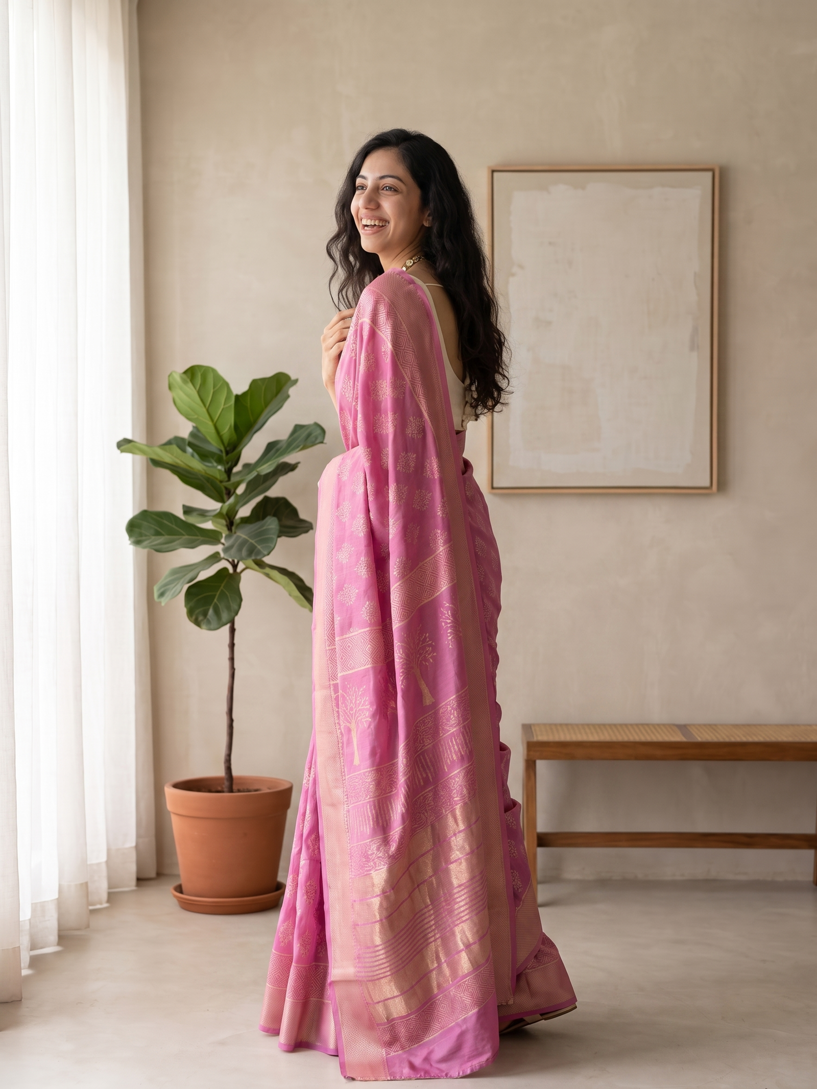 Lotus Pink Maheshwari Cotton Silk Saree