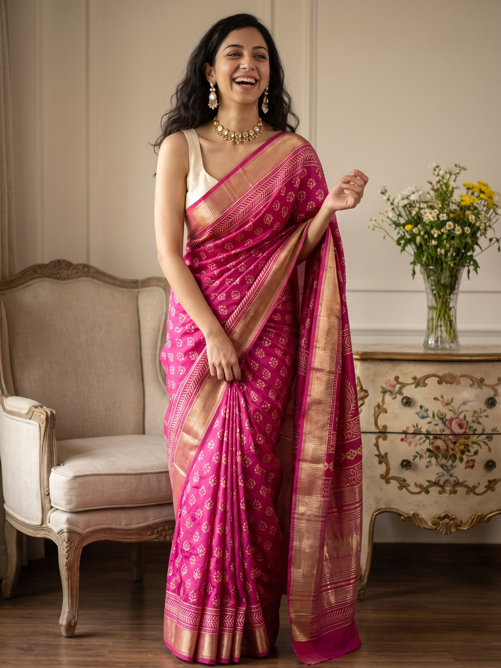 Rani Gulabi Maheshwari Cotton Silk Saree