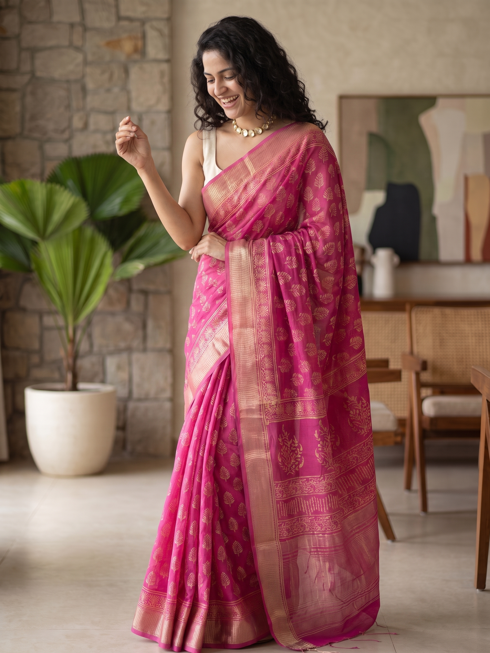 Raspberry Pink Maheshwari Cotton Silk Saree