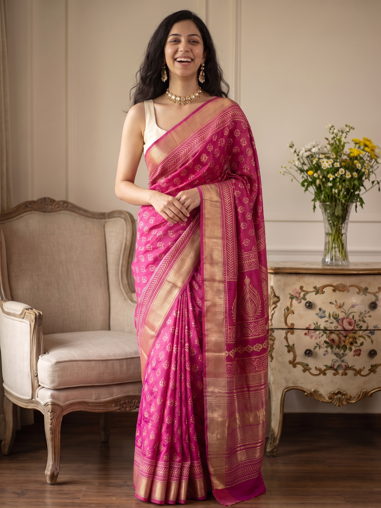Rani Gulabi Maheshwari Cotton Silk Saree