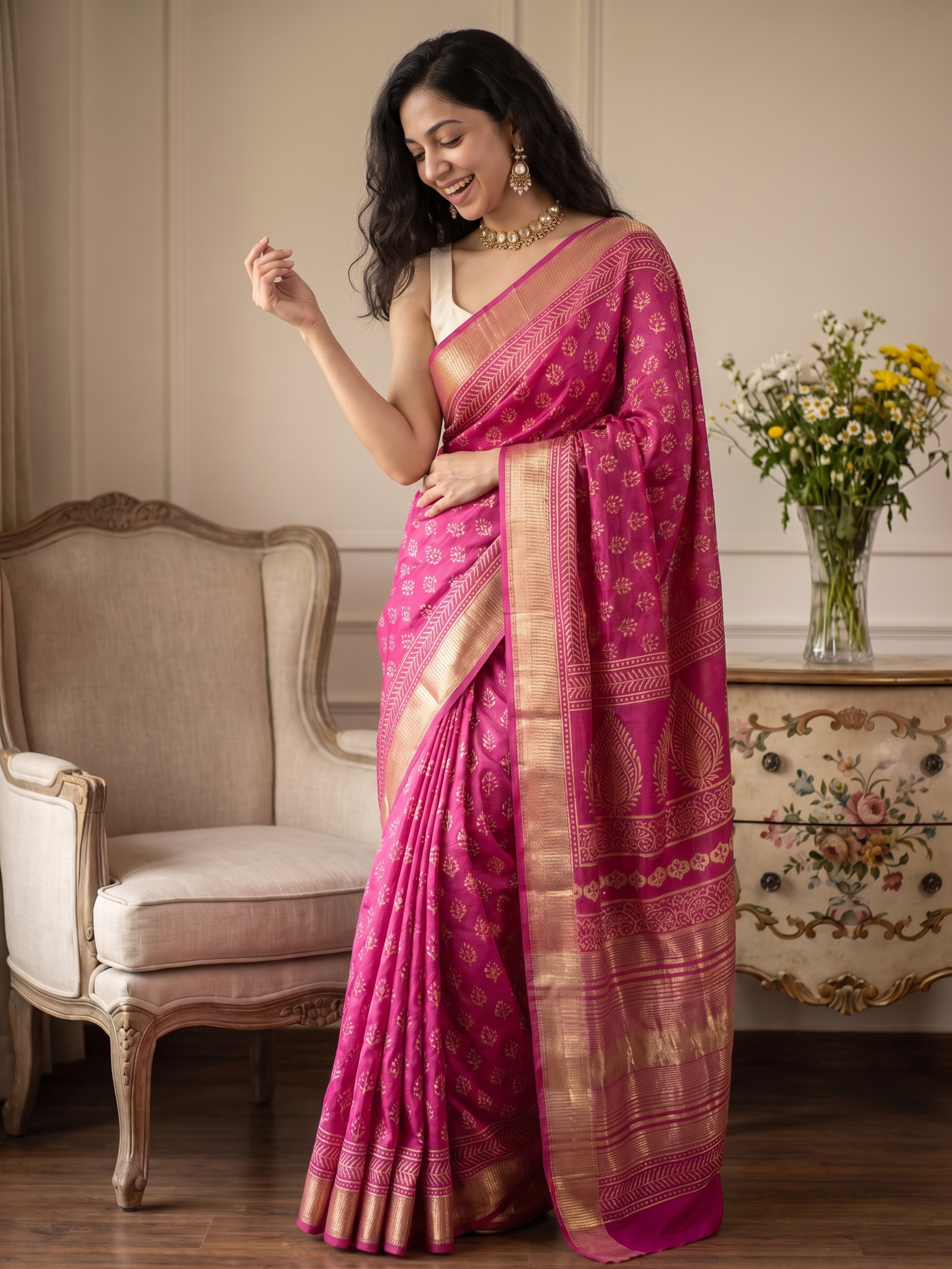Rani Gulabi Maheshwari Cotton Silk Saree