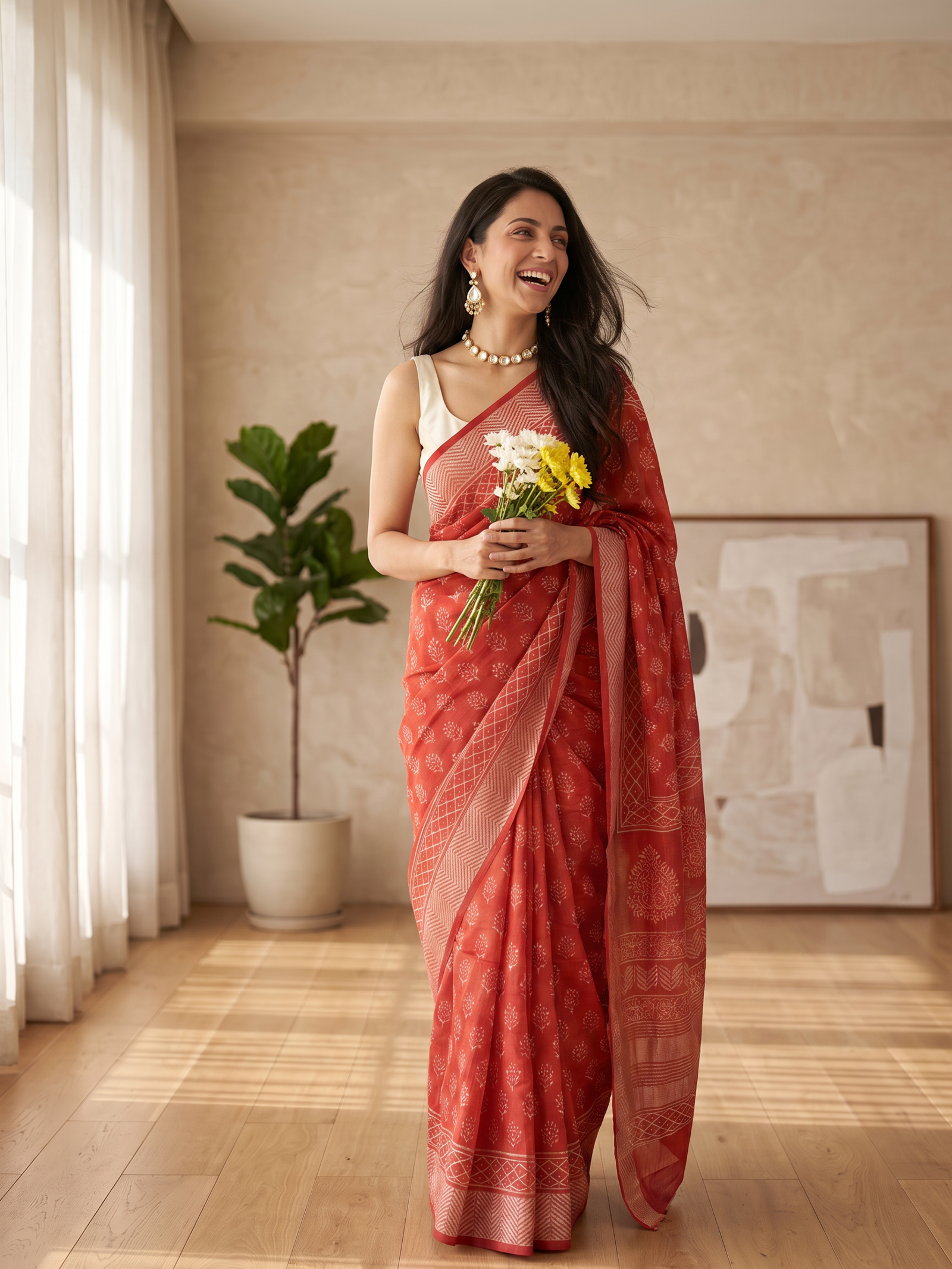Kesari Red Maheshwari Cotton Silk Saree