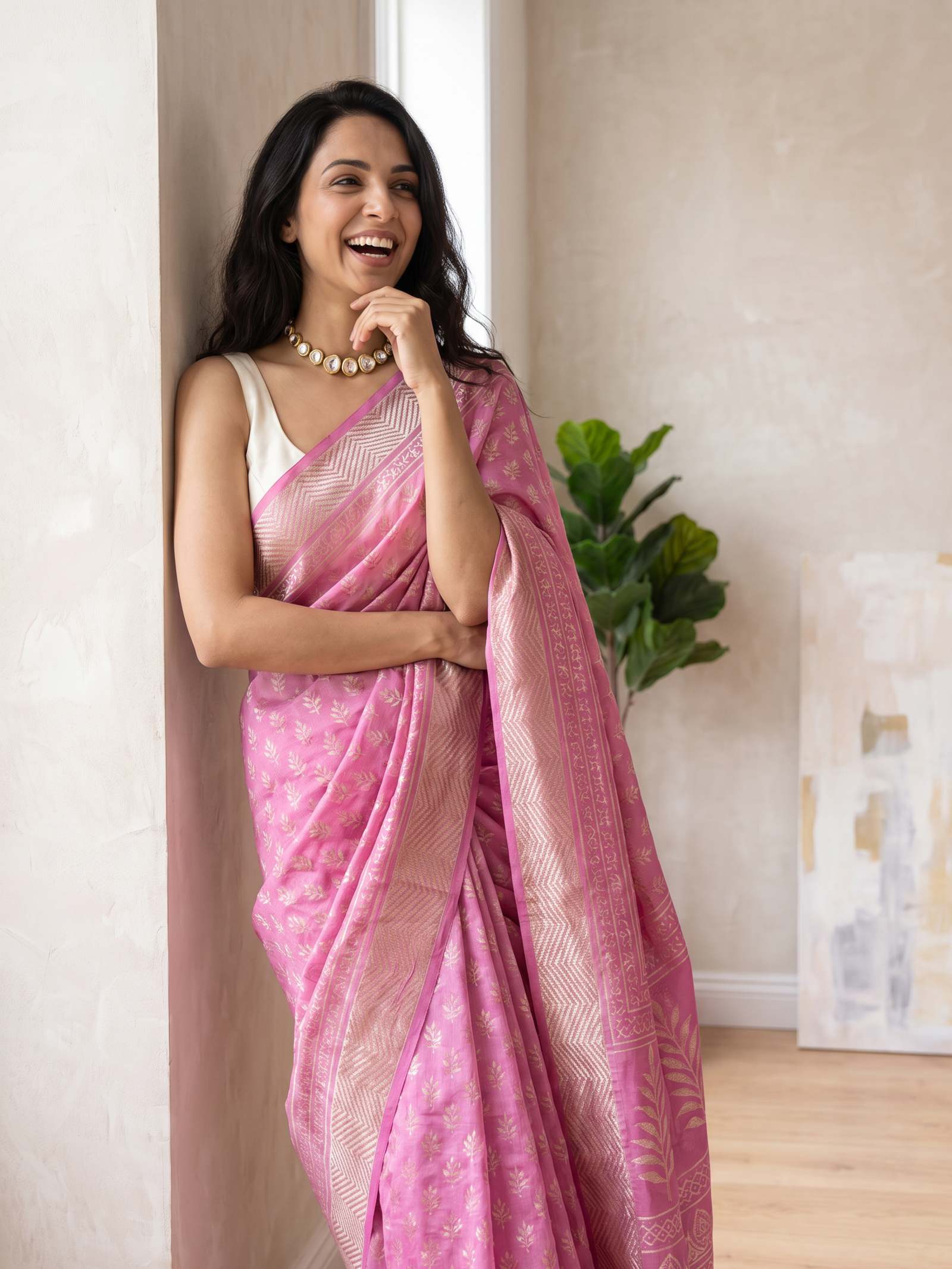 Pink Opal Maheshwari Cotton Silk Saree