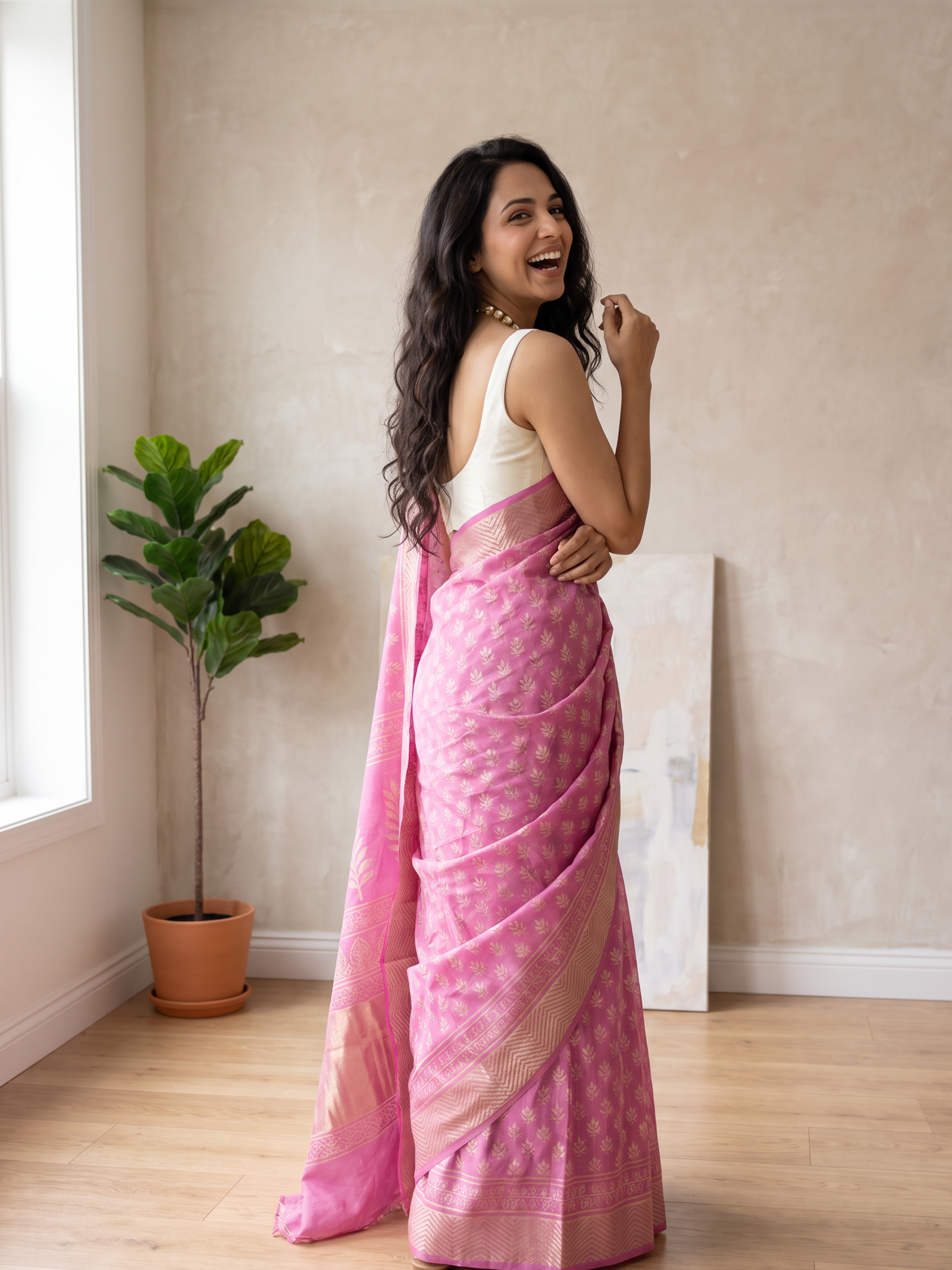 Pink Opal Maheshwari Cotton Silk Saree