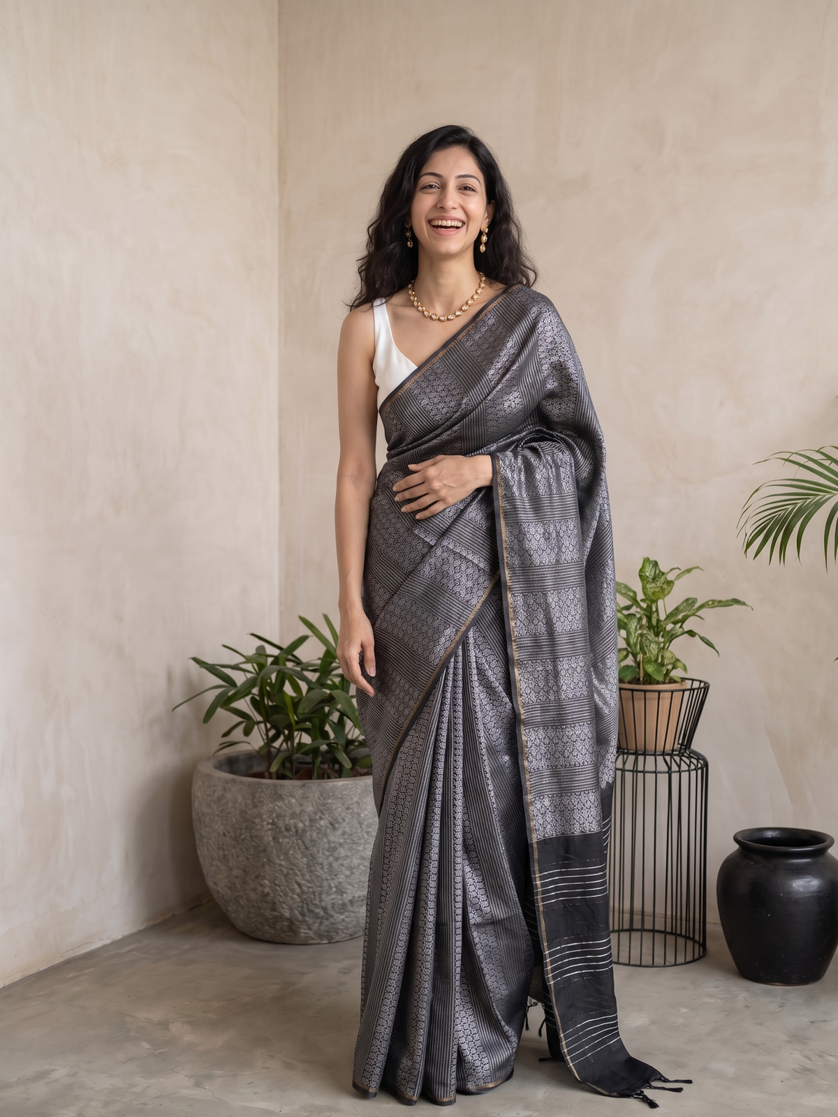 Ash Grey Jari Silk Saree