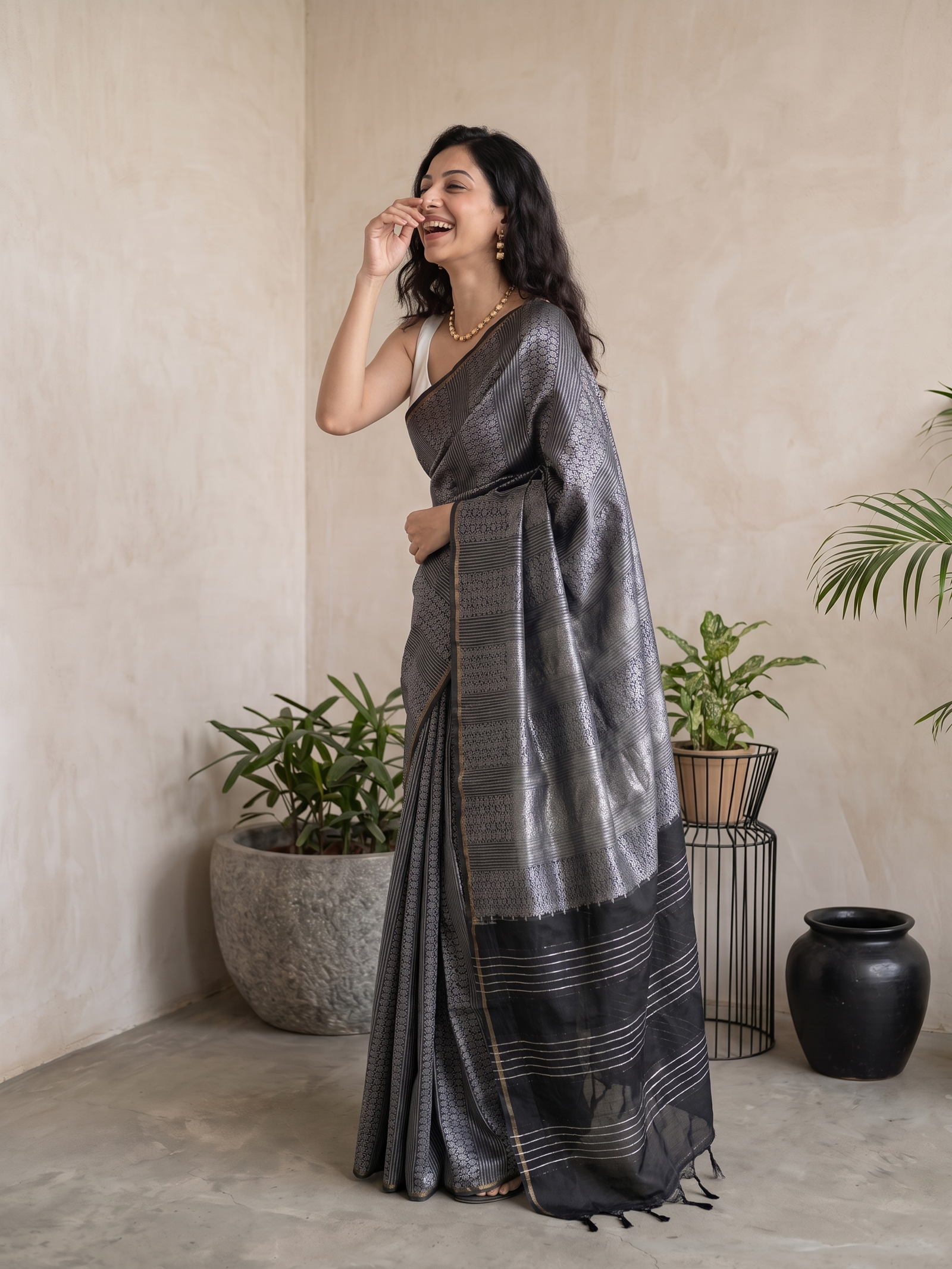 Ash Grey Jari Silk Saree