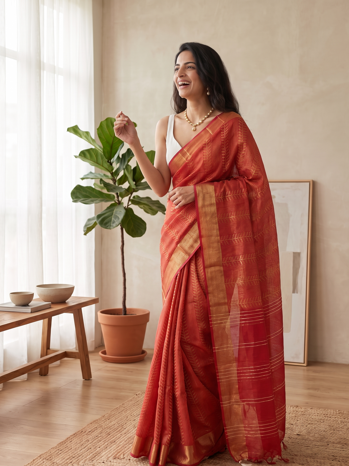 Rust Red Jari Silk Saree