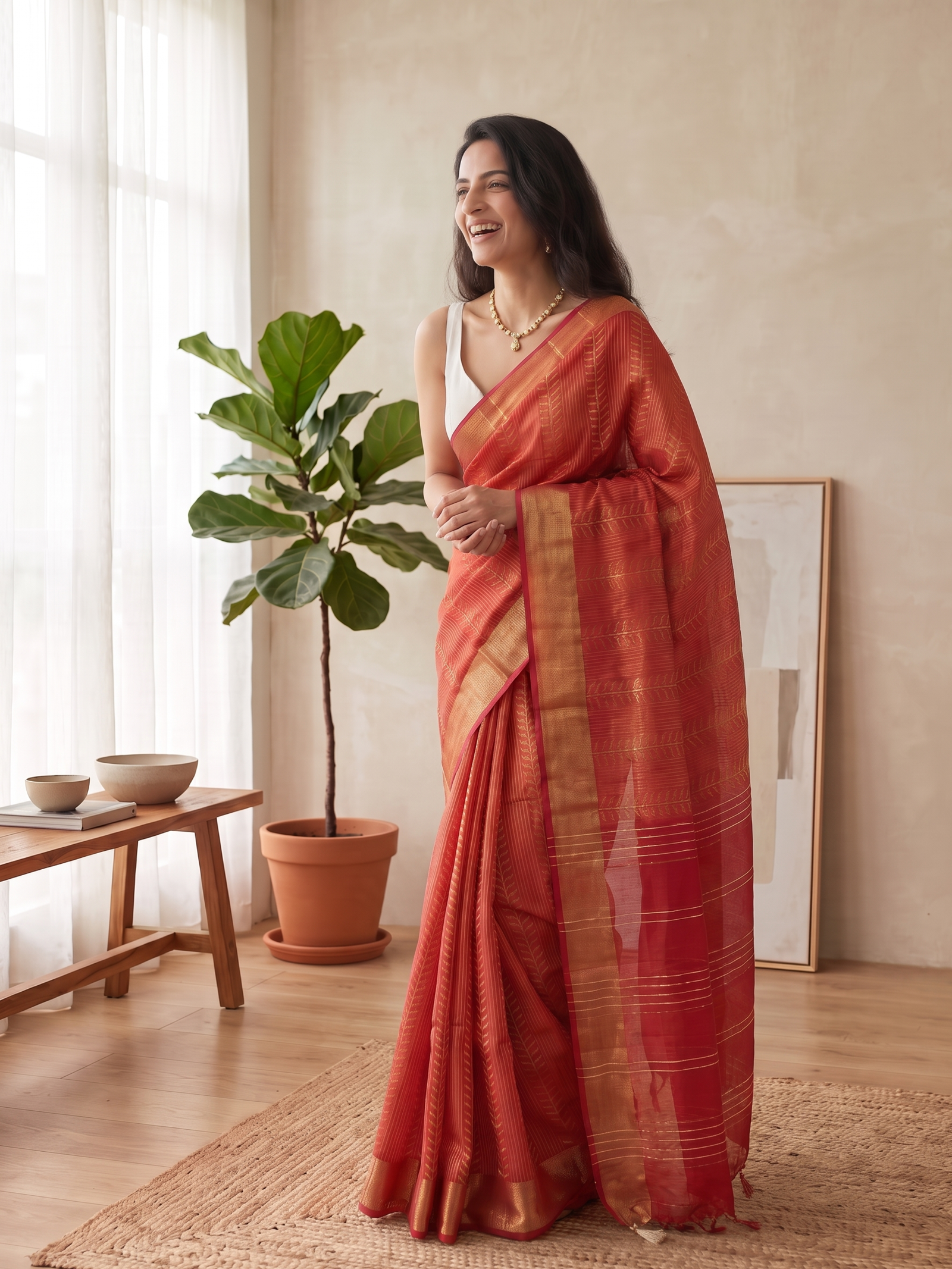 Rust Red Jari Silk Saree