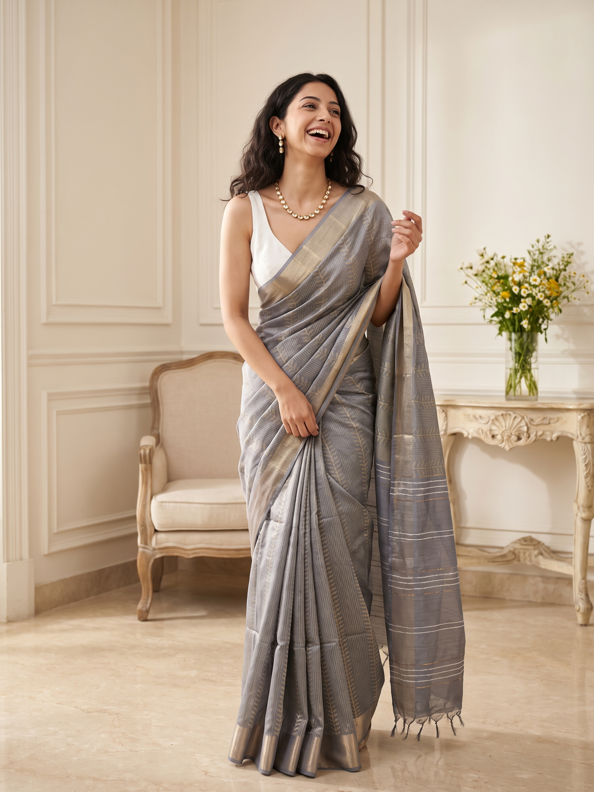 Pearl Grey Jari Silk Saree