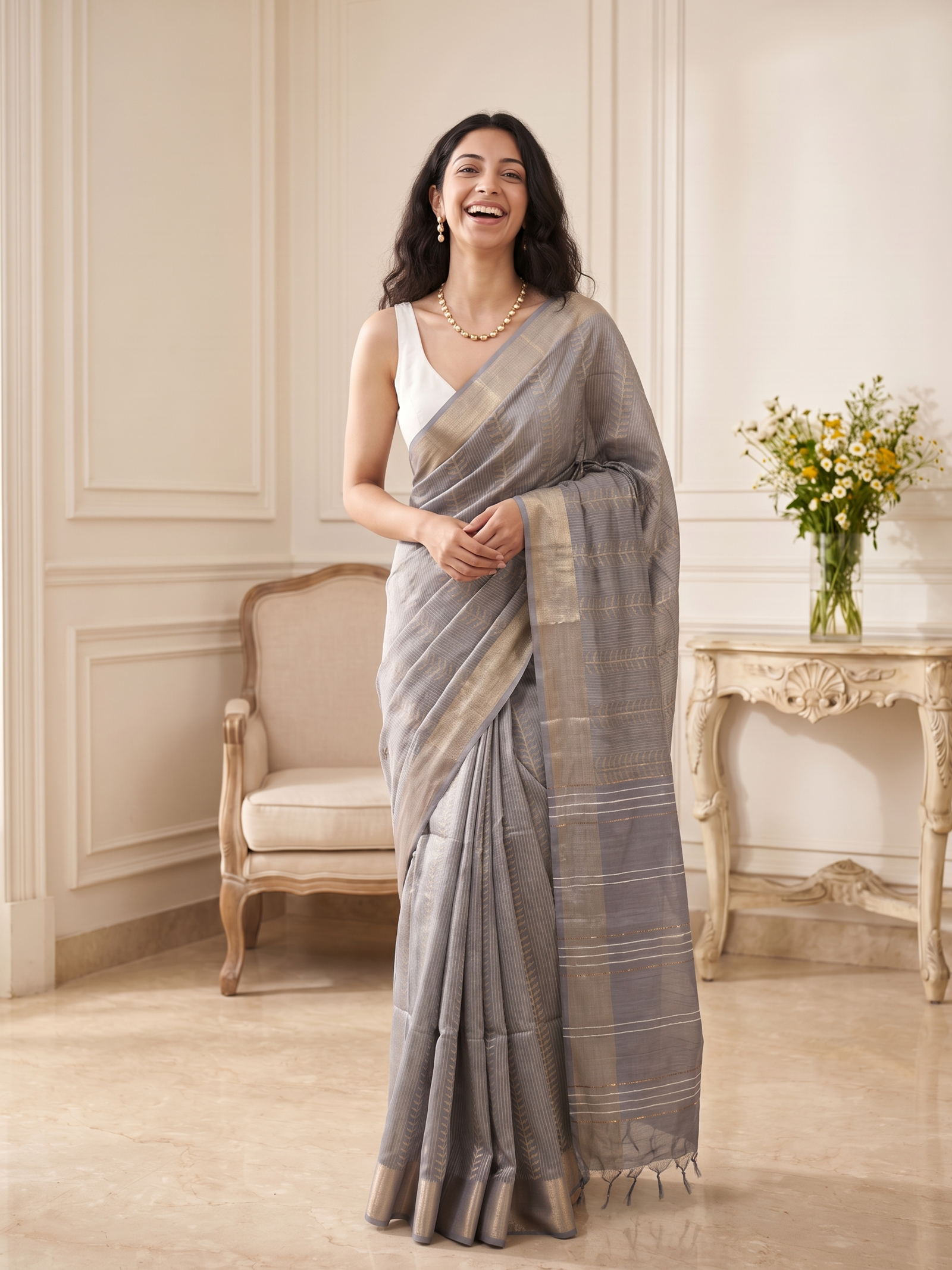 Pearl Grey Jari Silk Saree