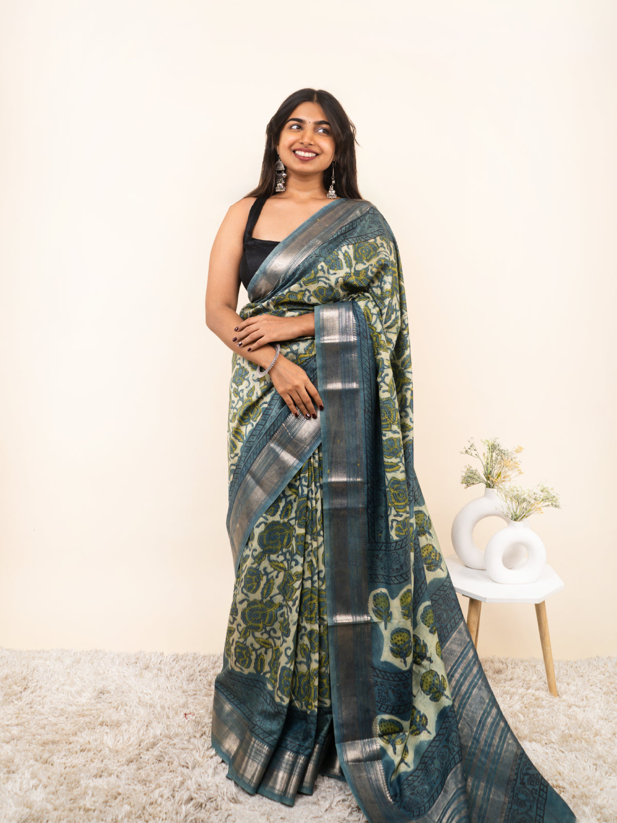 Indigo Bloom Maheshwari Cotton Silk Saree