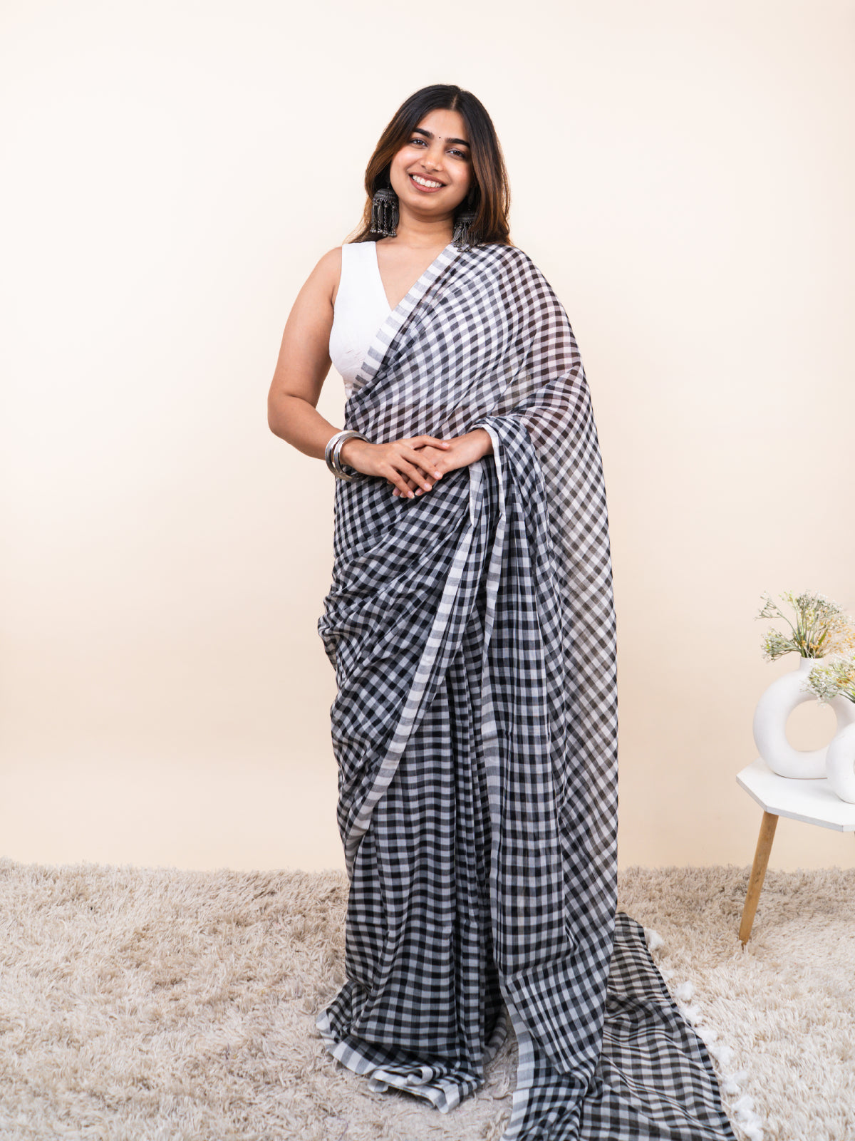 Black Checks Mulmul Saree