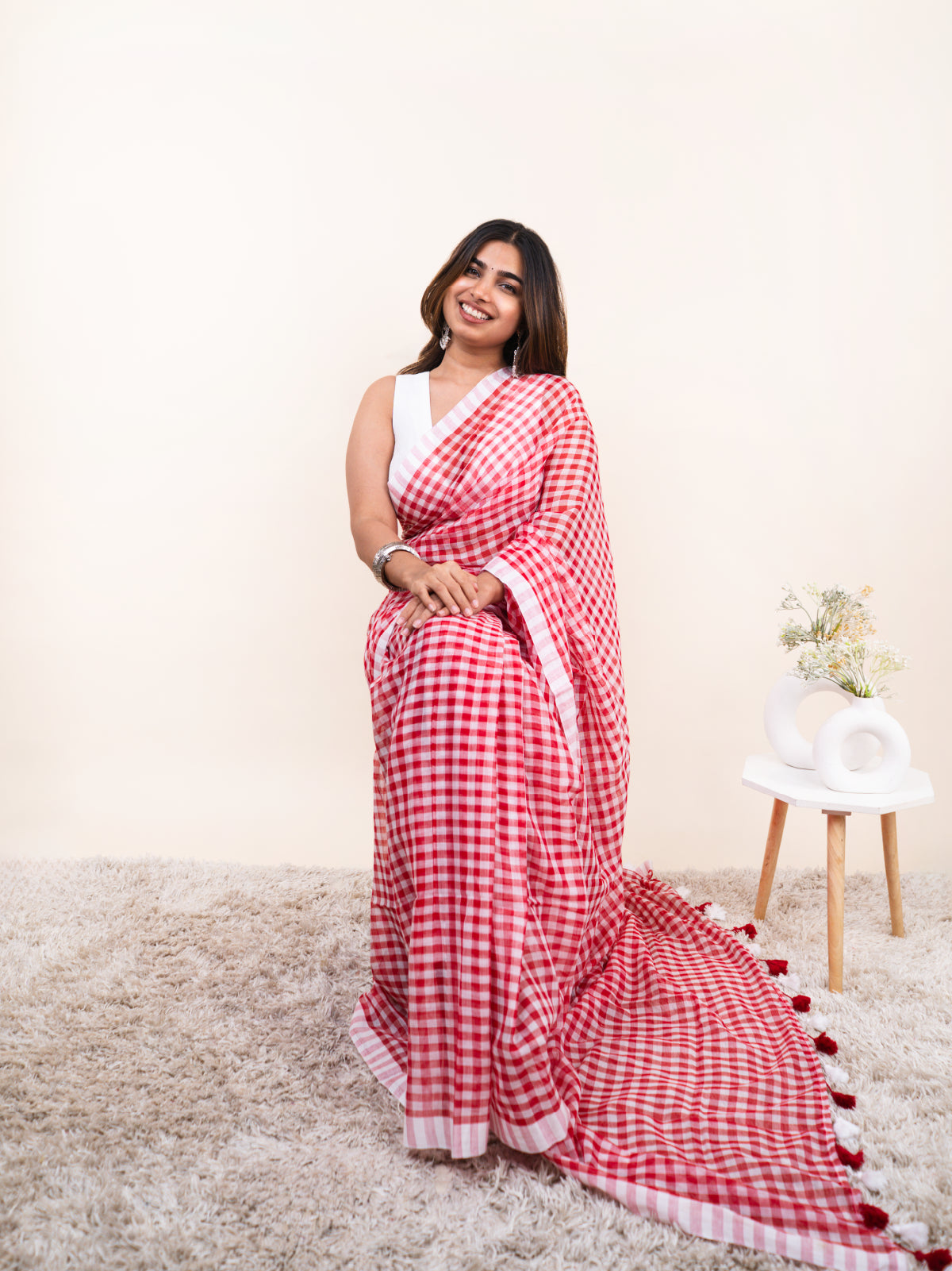 Red Core Checks Mulmul Saree