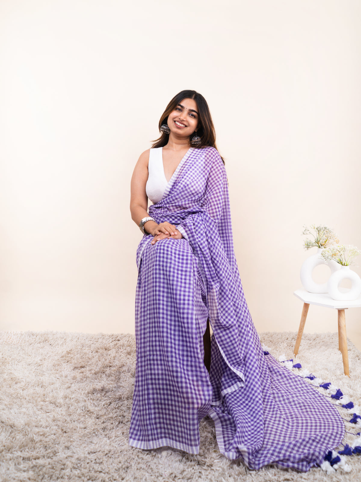 Lavender Checks Mulmul Saree