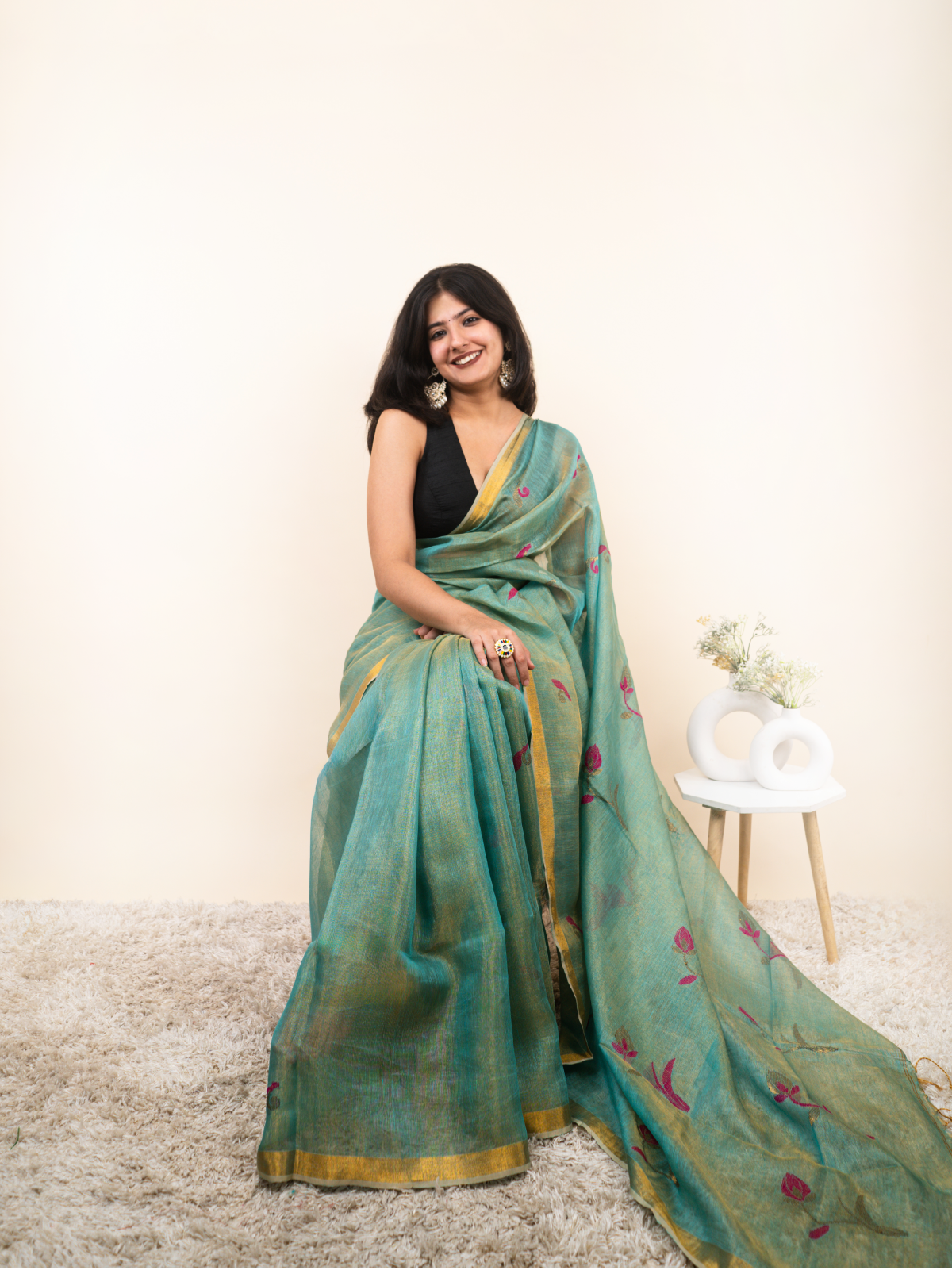 Emerald Flow Linen Tissue Saree