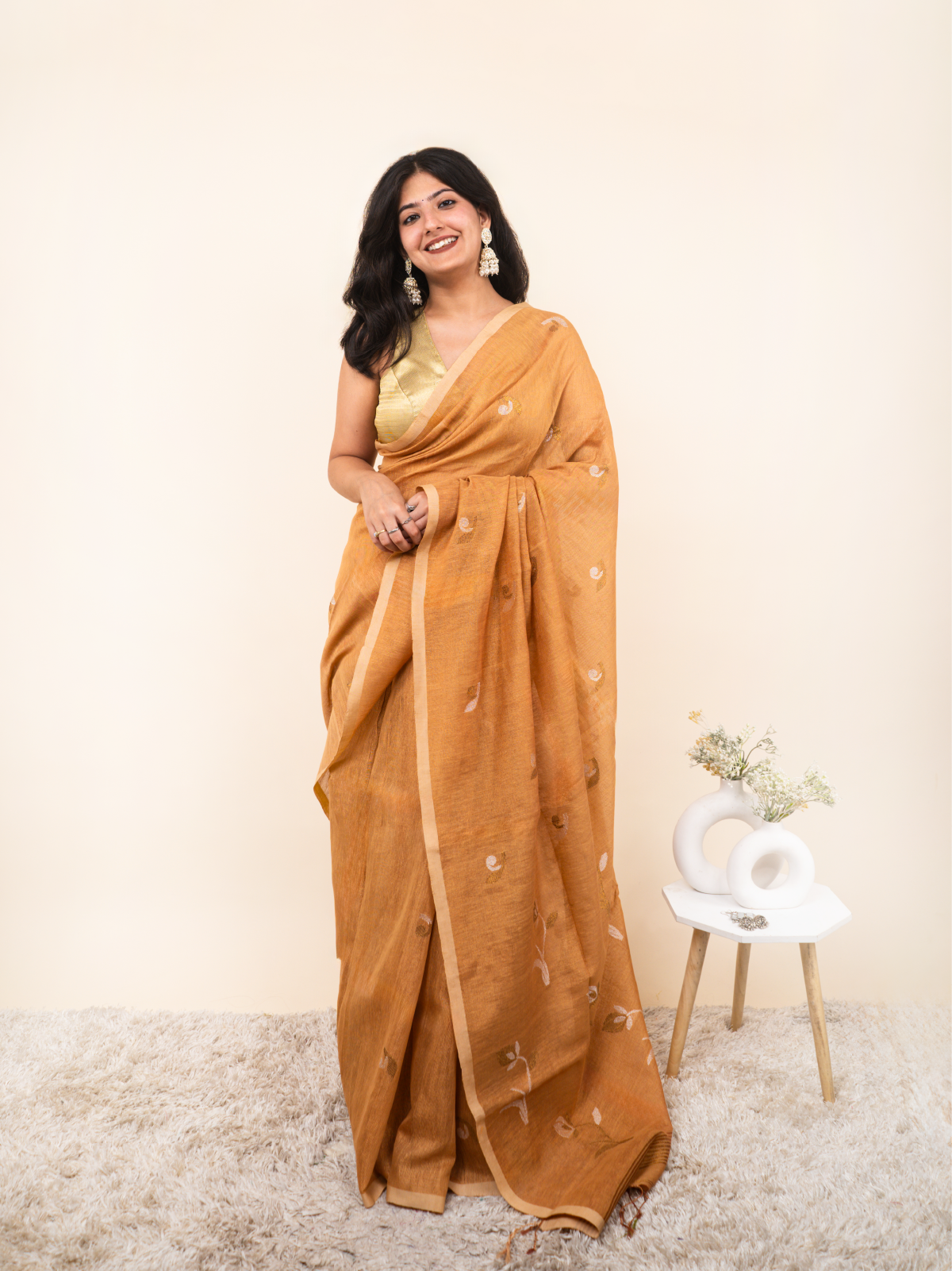 Saffron Gold Linen Tissue Saree