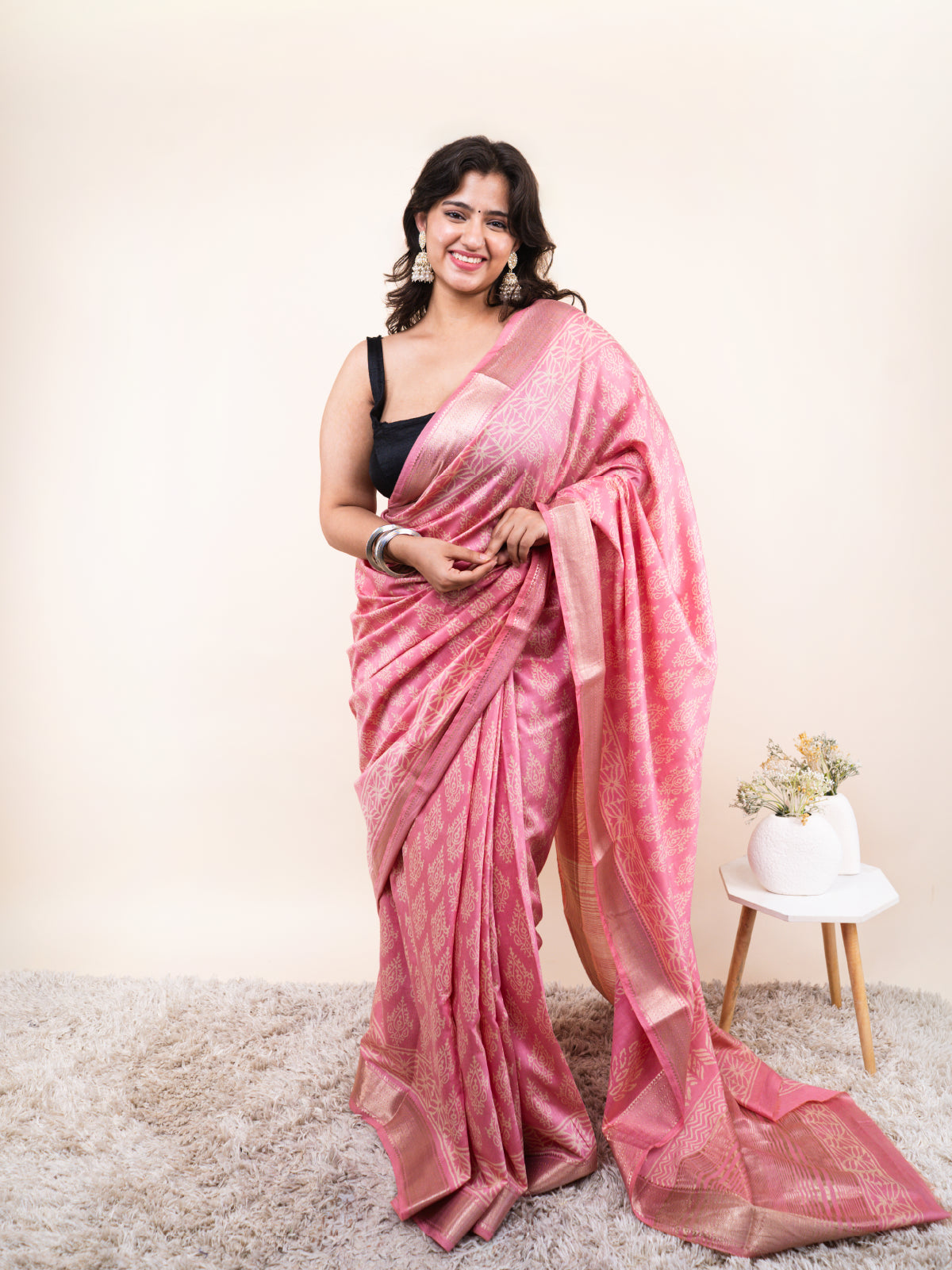 Pink Gold Border Maheshwari Cotton Silk Saree