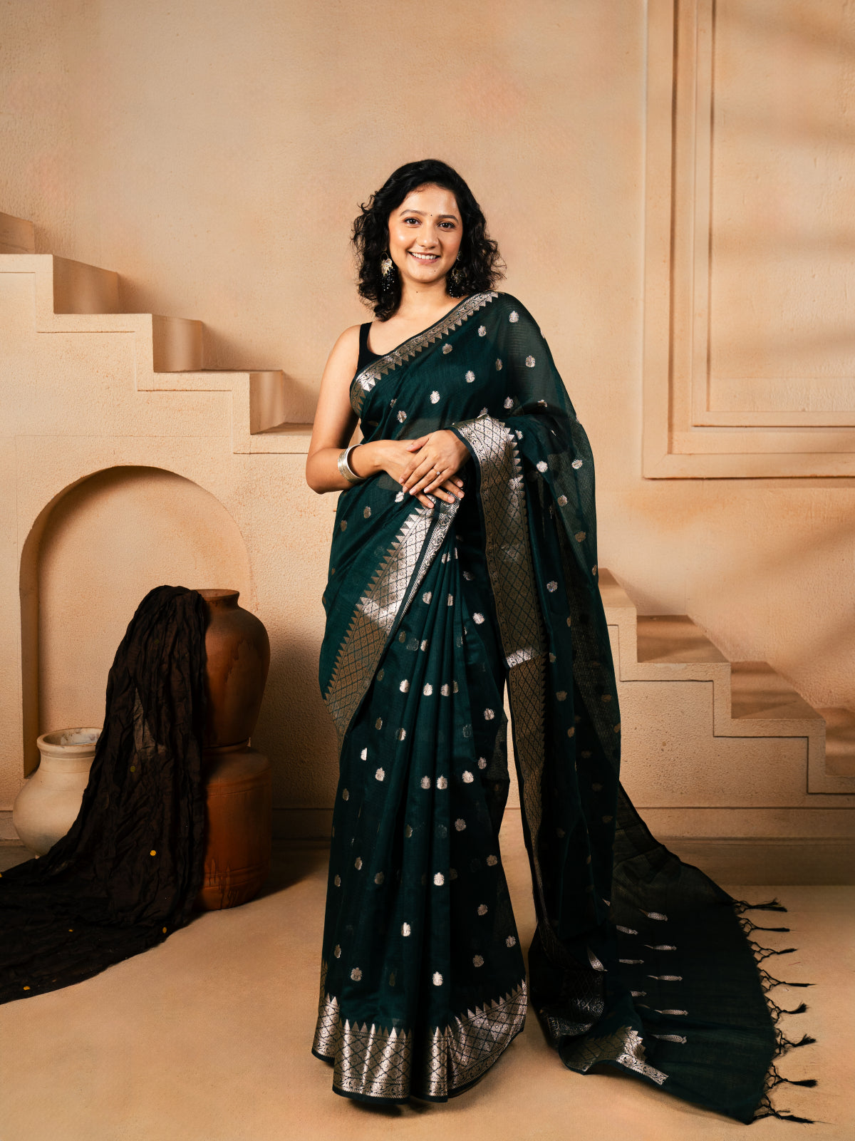 Silver Flower Banarasi Cotton Saree