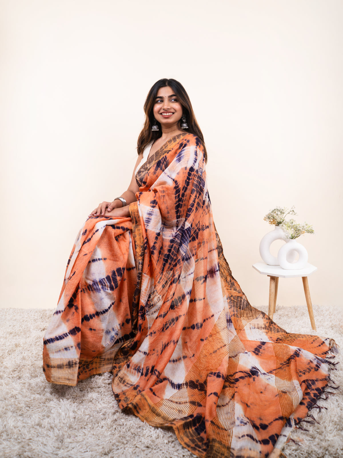 Orange Tie and Dye Cotton Linen Saree