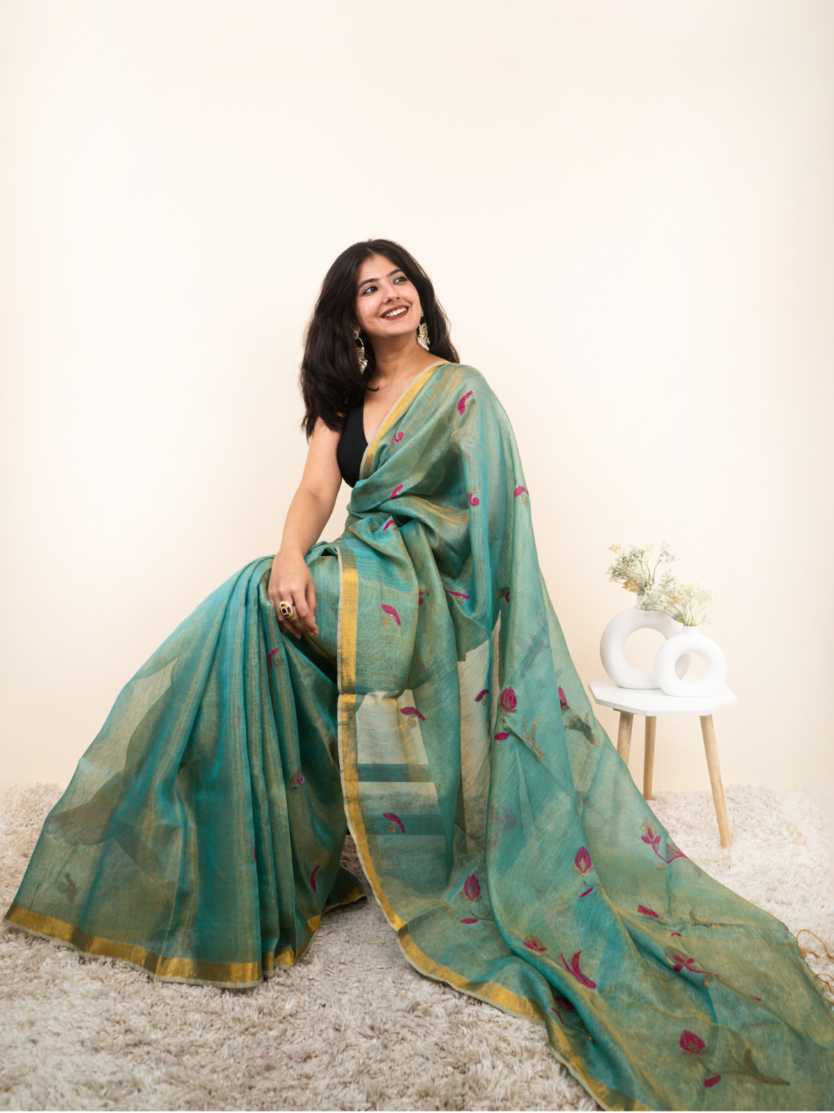 Emerald Flow Linen Tissue Saree
