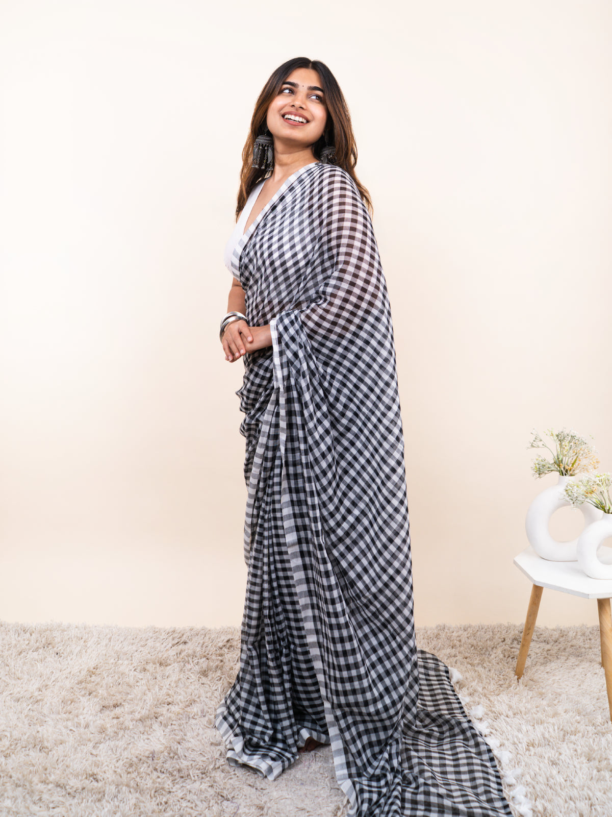 Black Checks Mulmul Saree