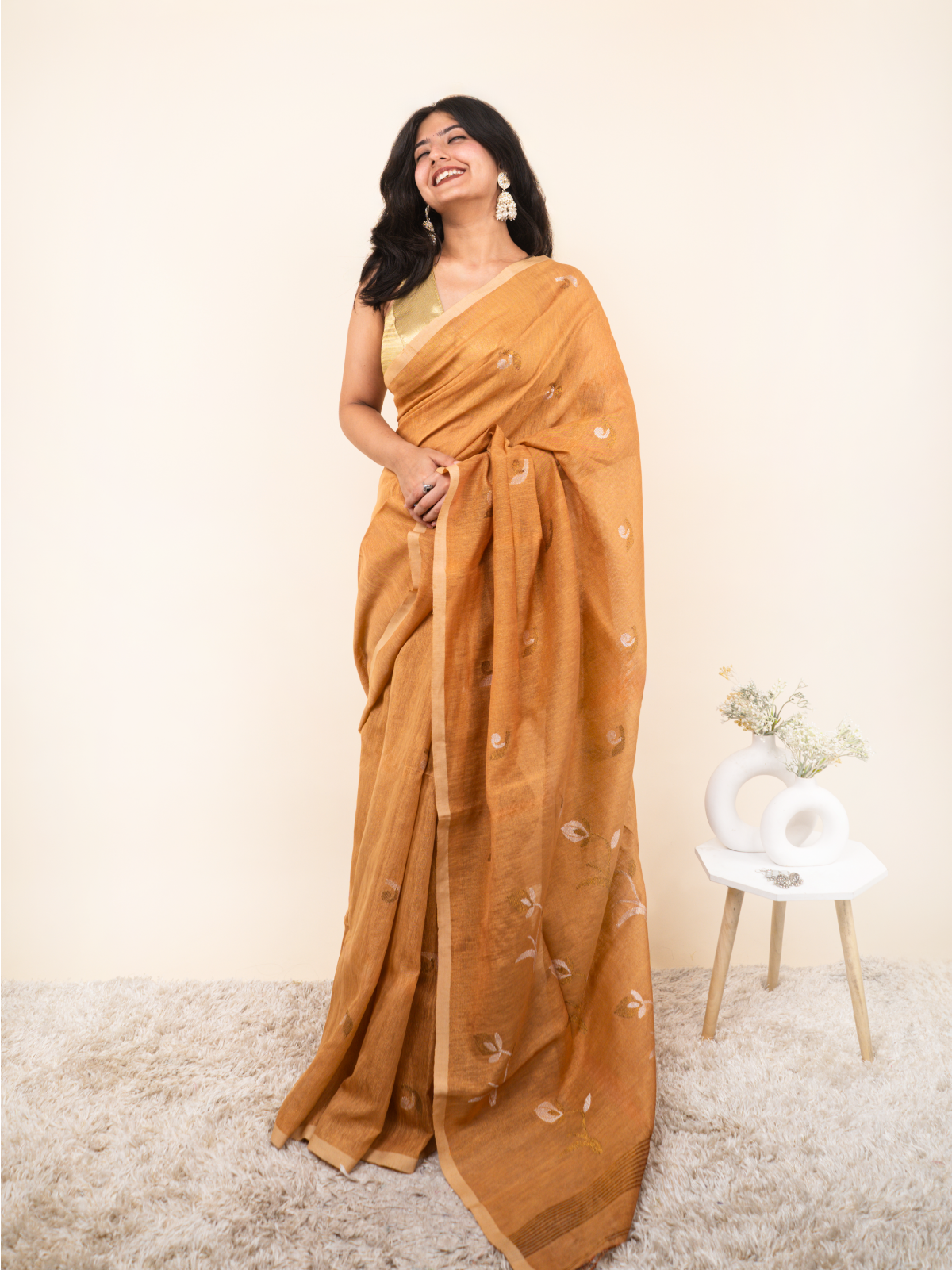 Saffron Gold Linen Tissue Saree
