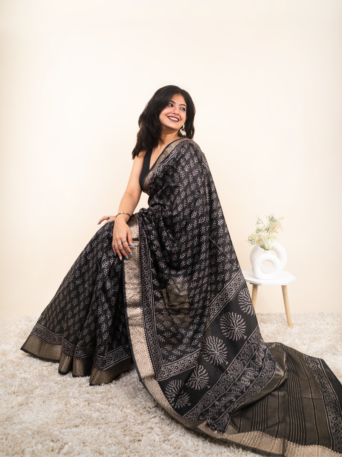 Black Maheshwari Cotton Silk Saree