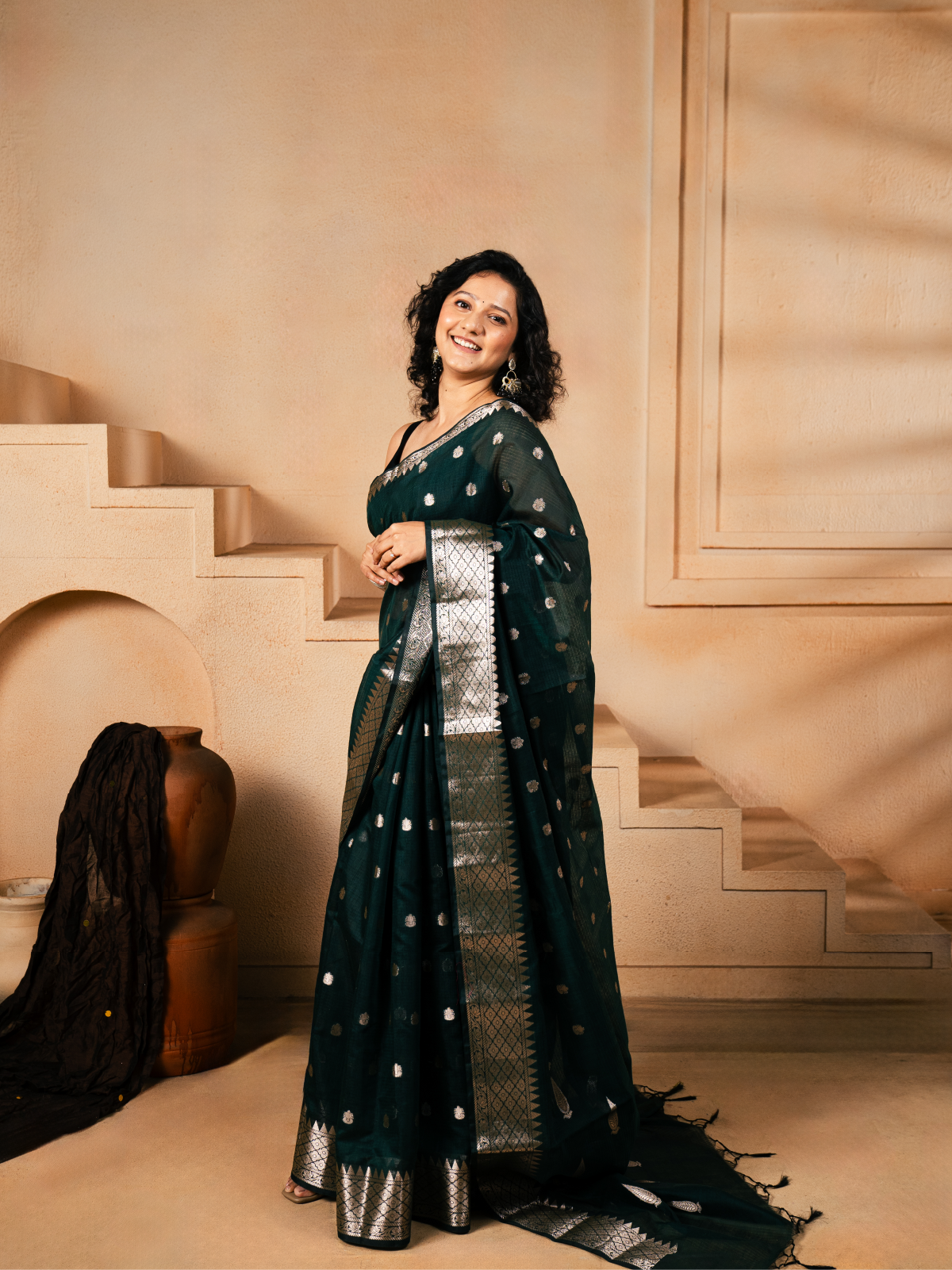 Silver Flower Banarasi Cotton Saree