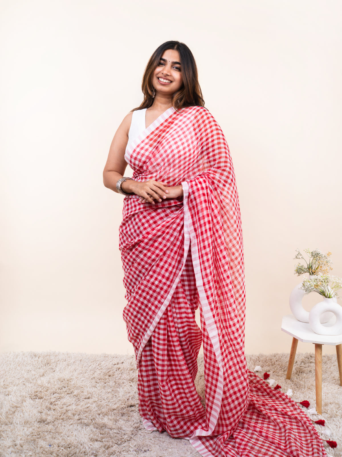Red Core Checks Mulmul Saree