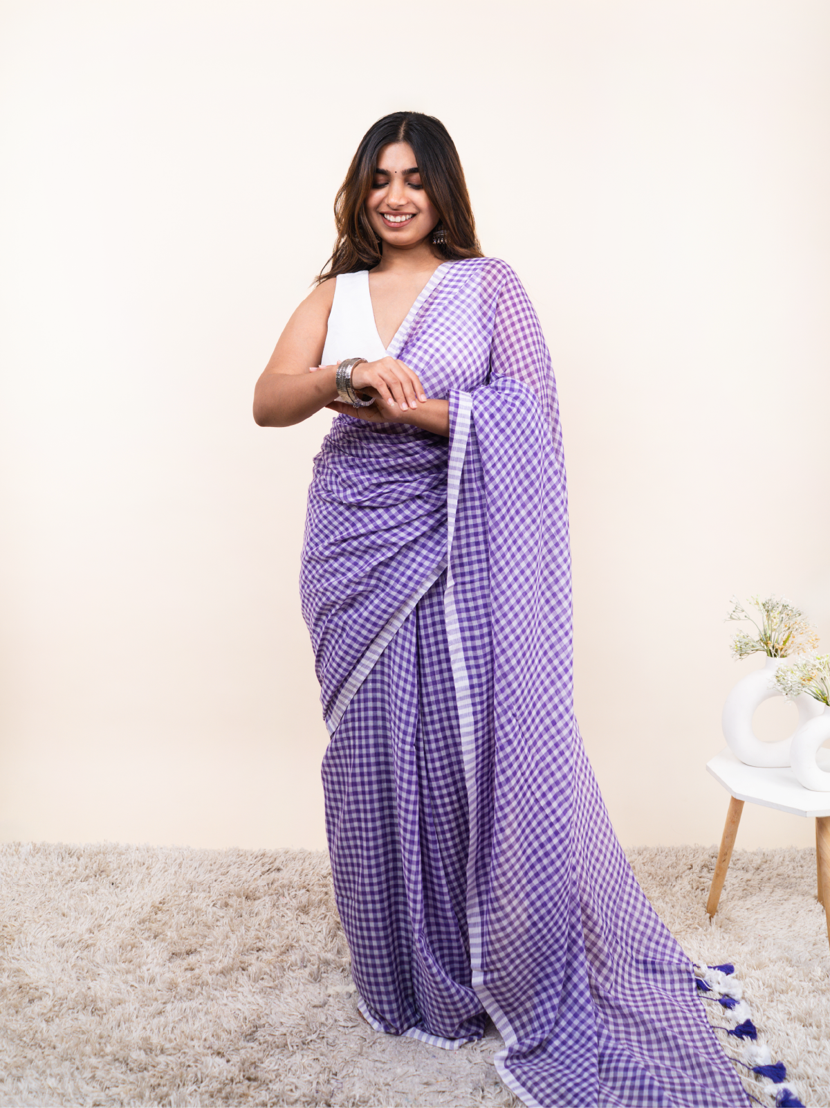 Lavender Checks Mulmul Saree