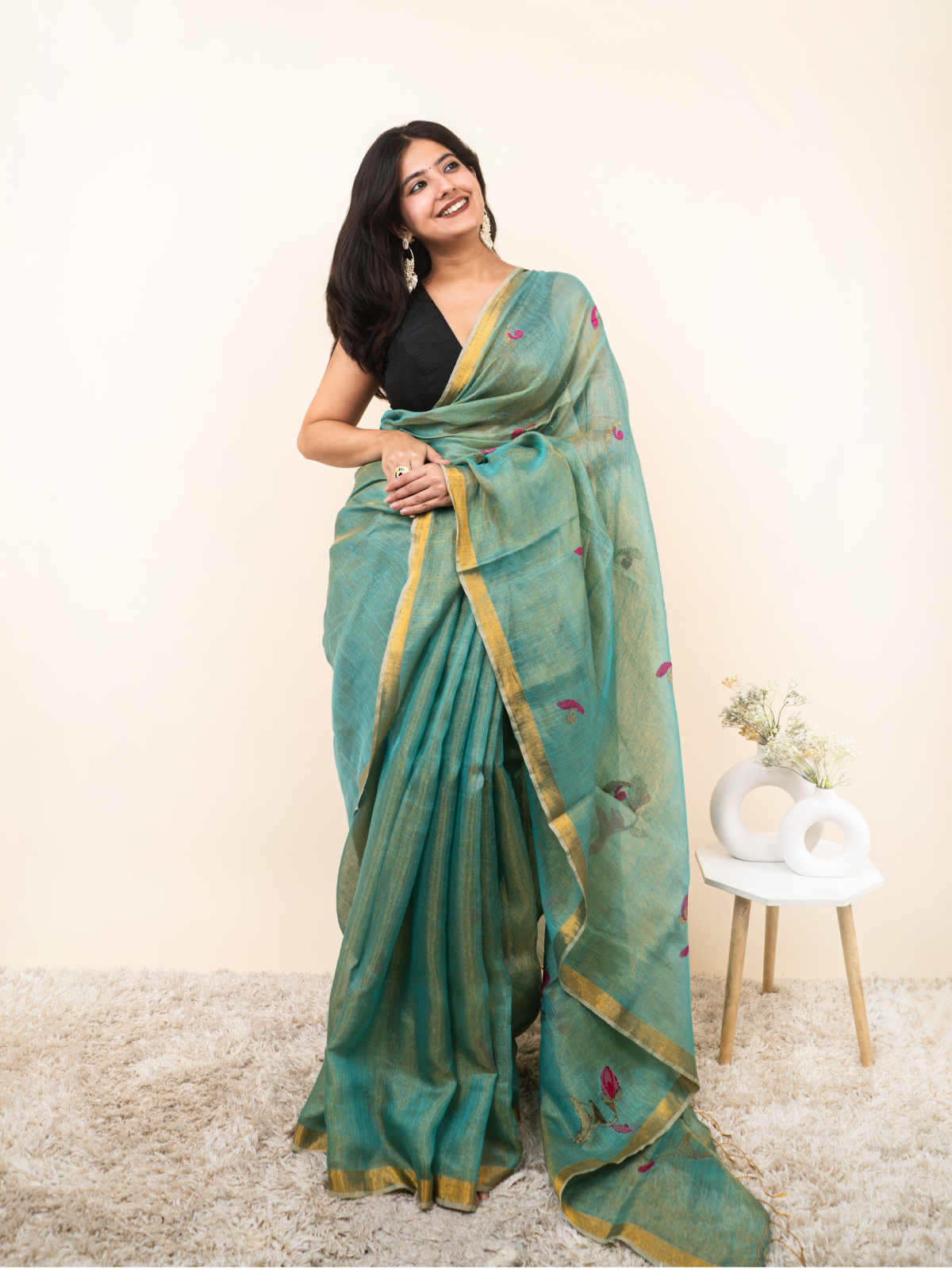 Emerald Flow Linen Tissue Saree