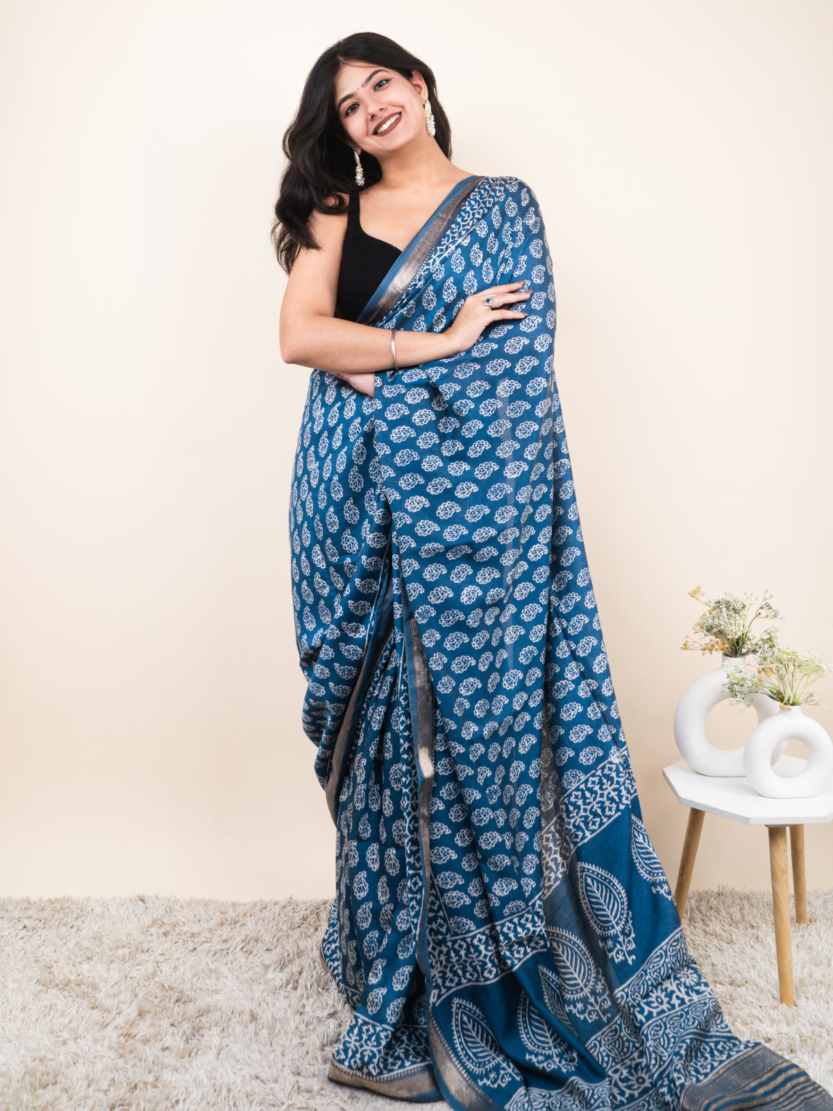 Ocean Mist Maheshwari Cotton Silk Saree