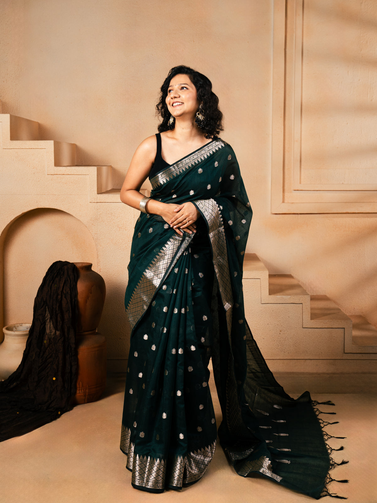 Silver Flower Banarasi Cotton Saree