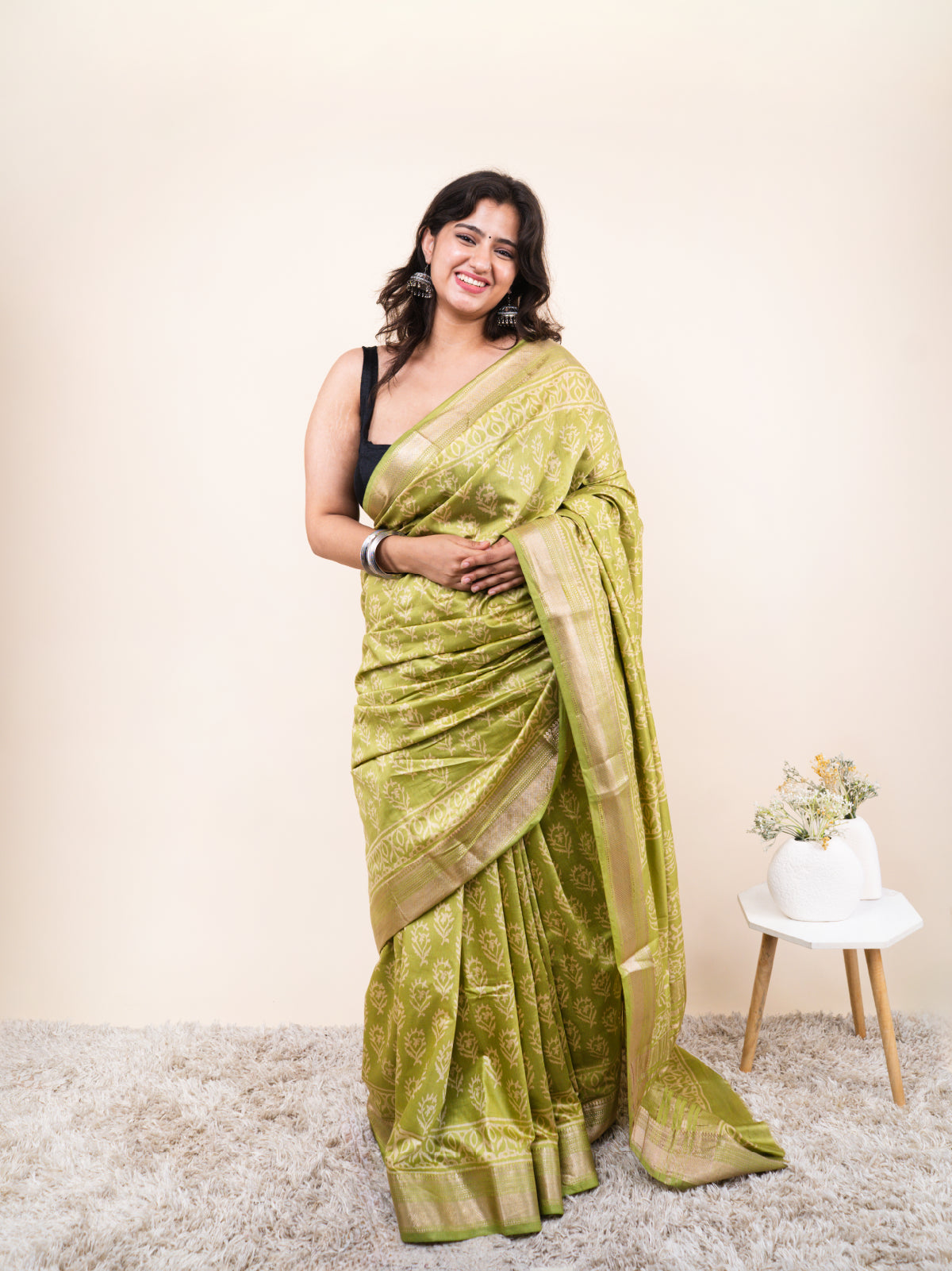 Pista Green Maheshwari Cotton Silk Saree