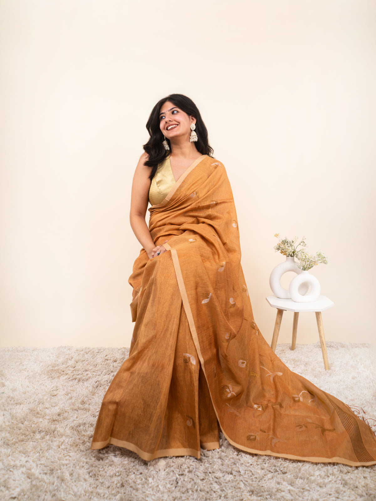 Saffron Gold Linen Tissue Saree