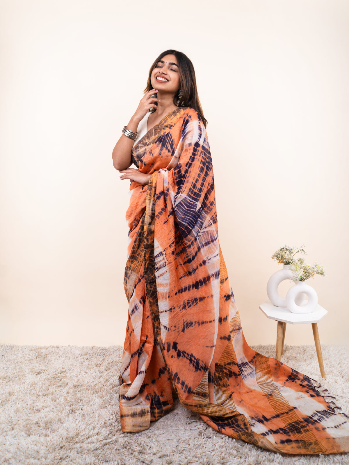 Orange Tie and Dye Cotton Linen Saree
