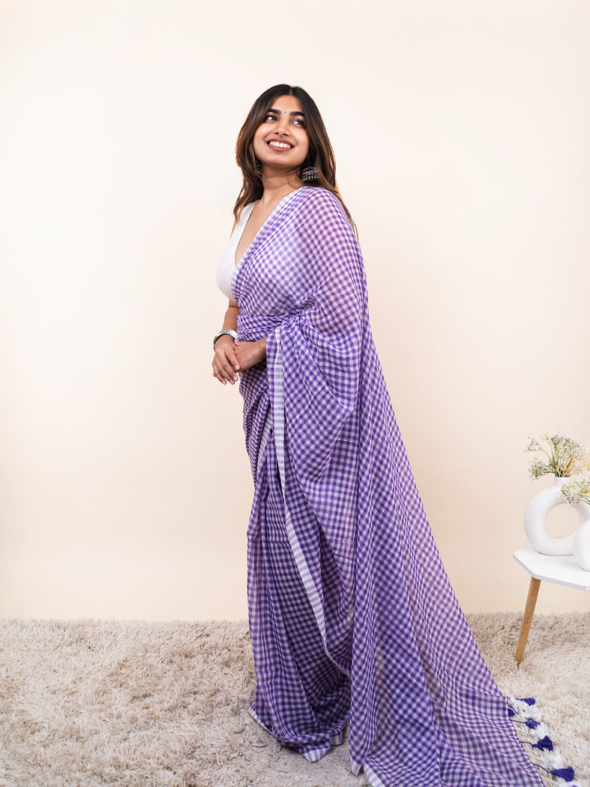 Lavender Checks Mulmul Saree