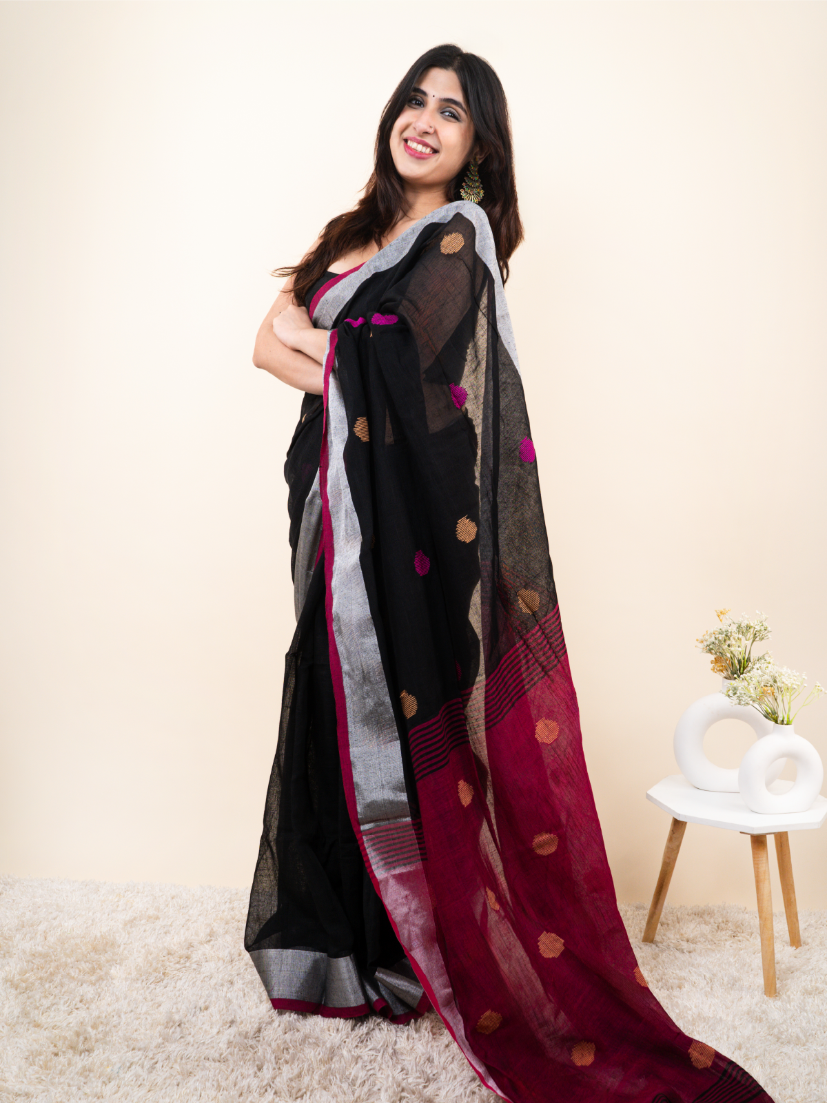 Leher Gulabi Linen Saree